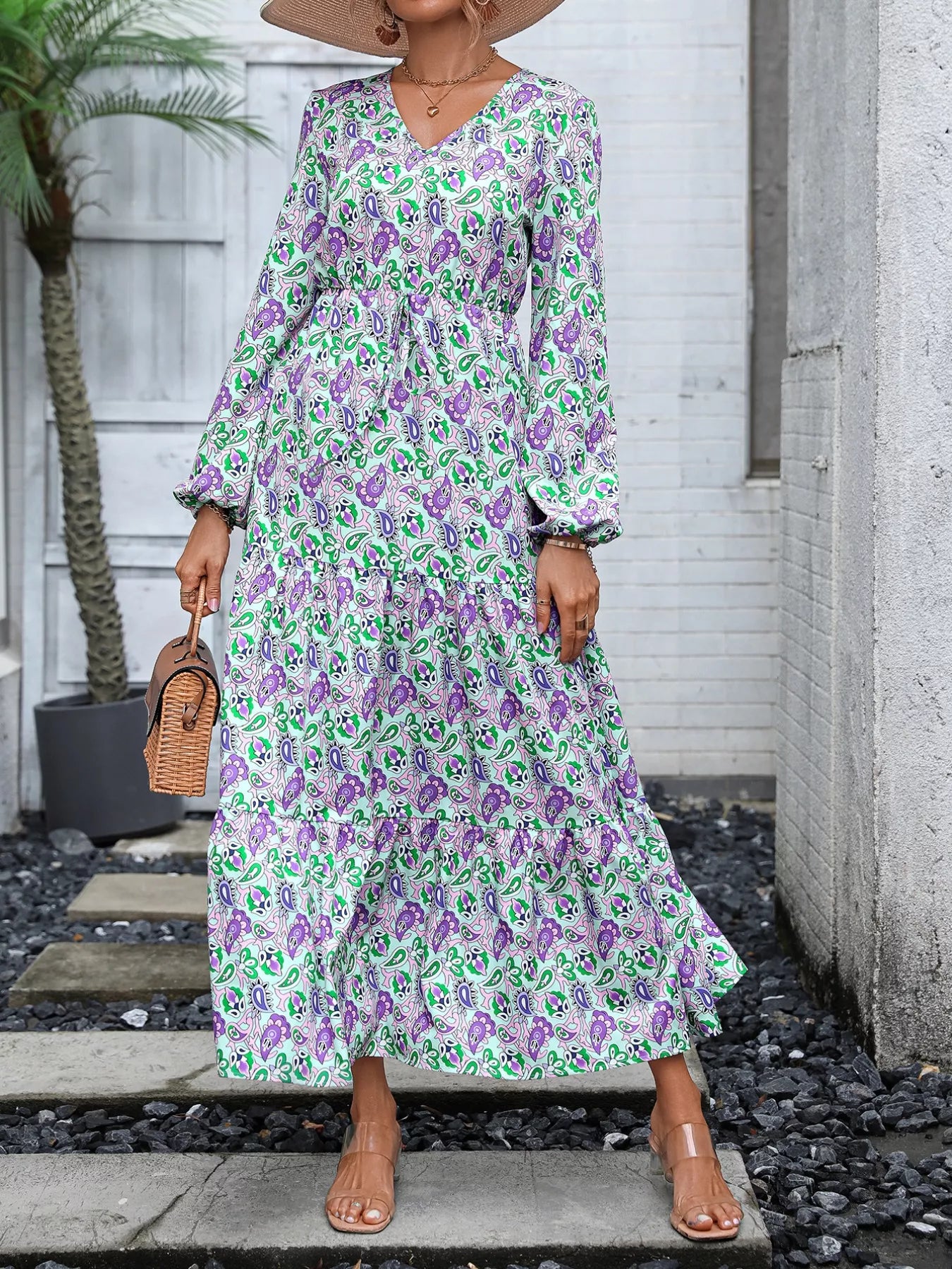 Printed V-Neck Long Sleeve Dress