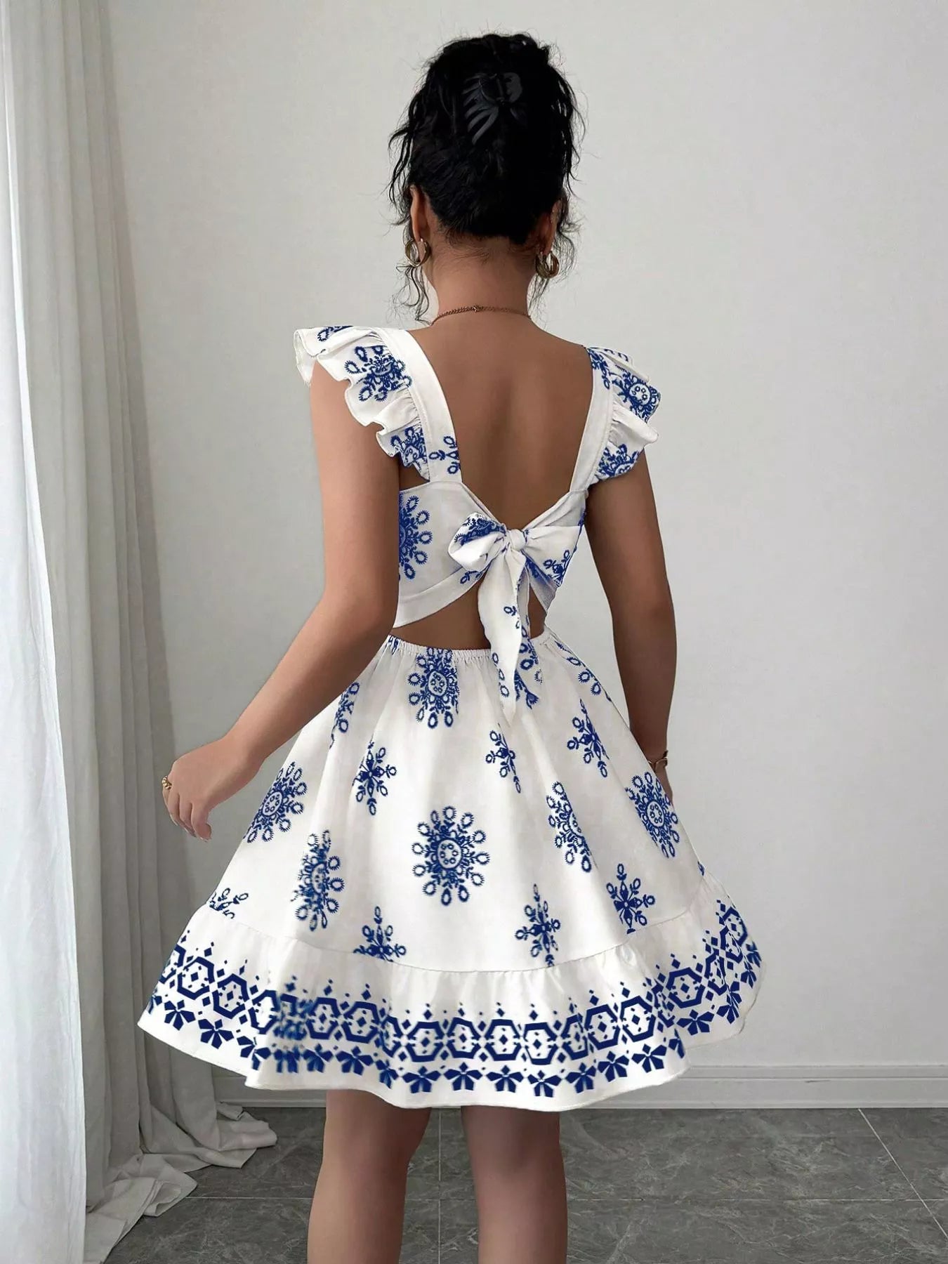 Printed Bow Back Square Neck Mini Dress