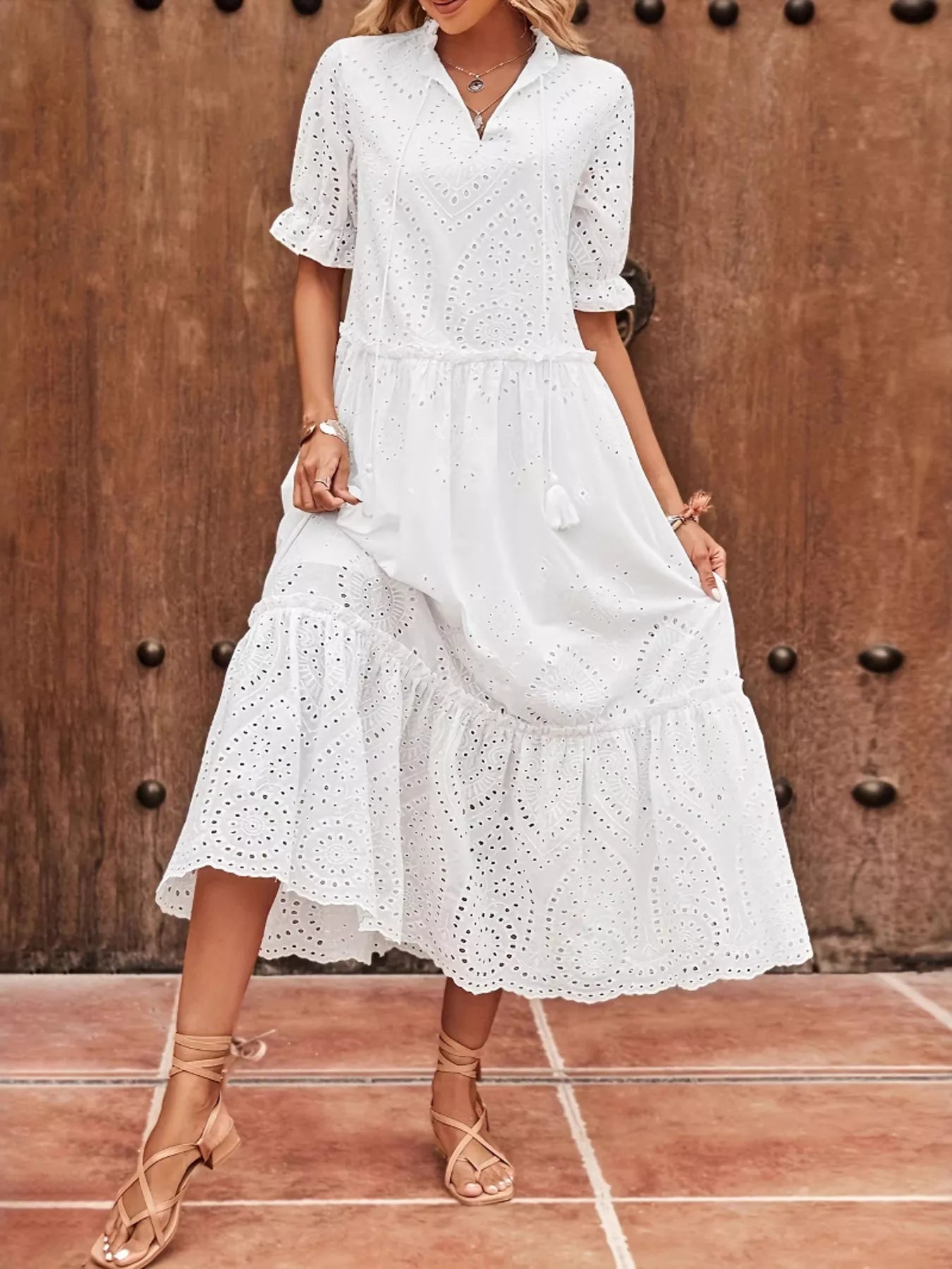 Eyelet Tie Neck Half Sleeve Midi Dress