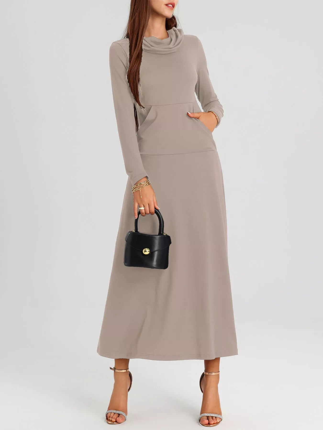 Cowl Neck Long Sleeve Midi Dress