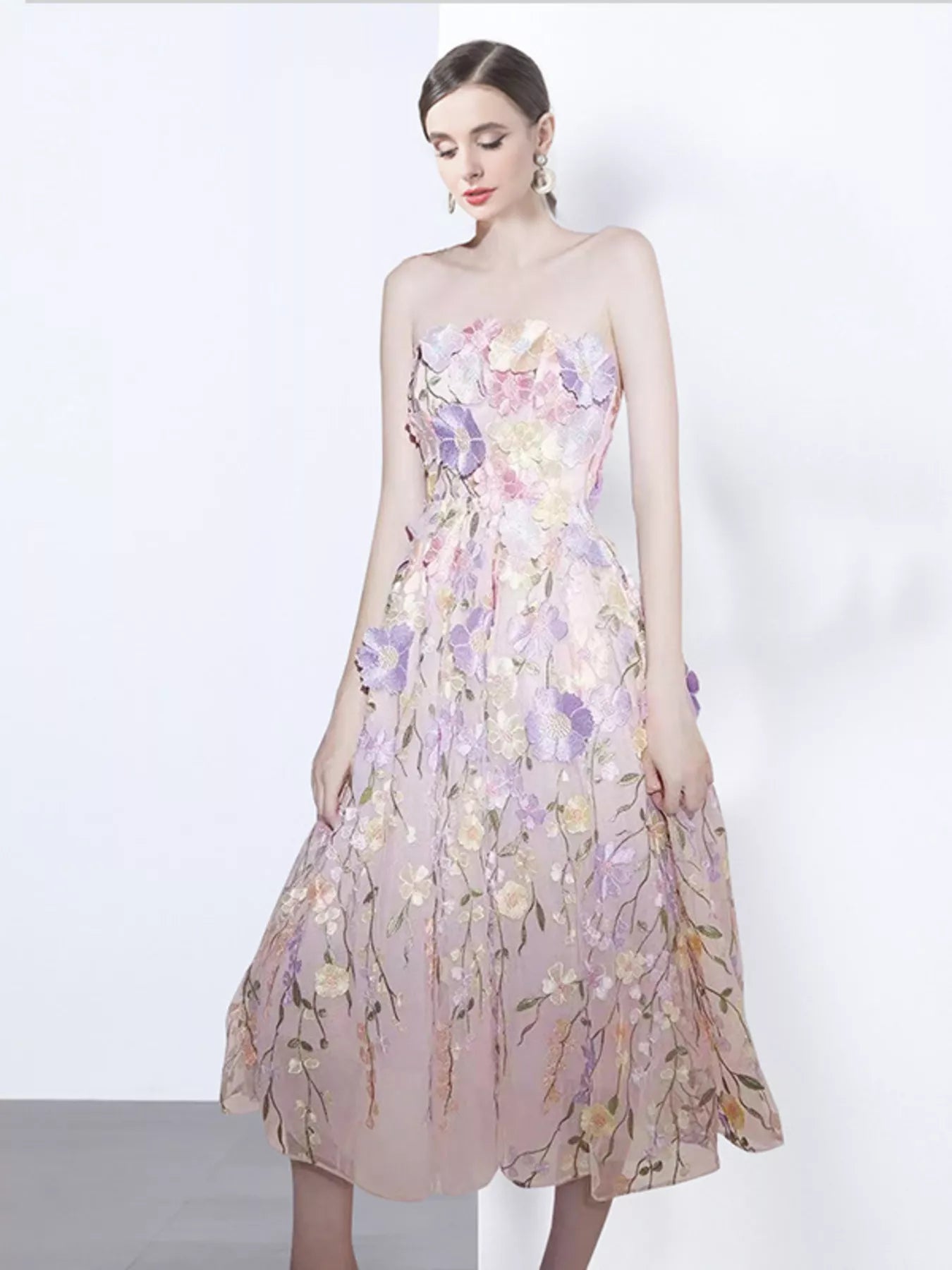 Strapless Floral Applique Midi Dress