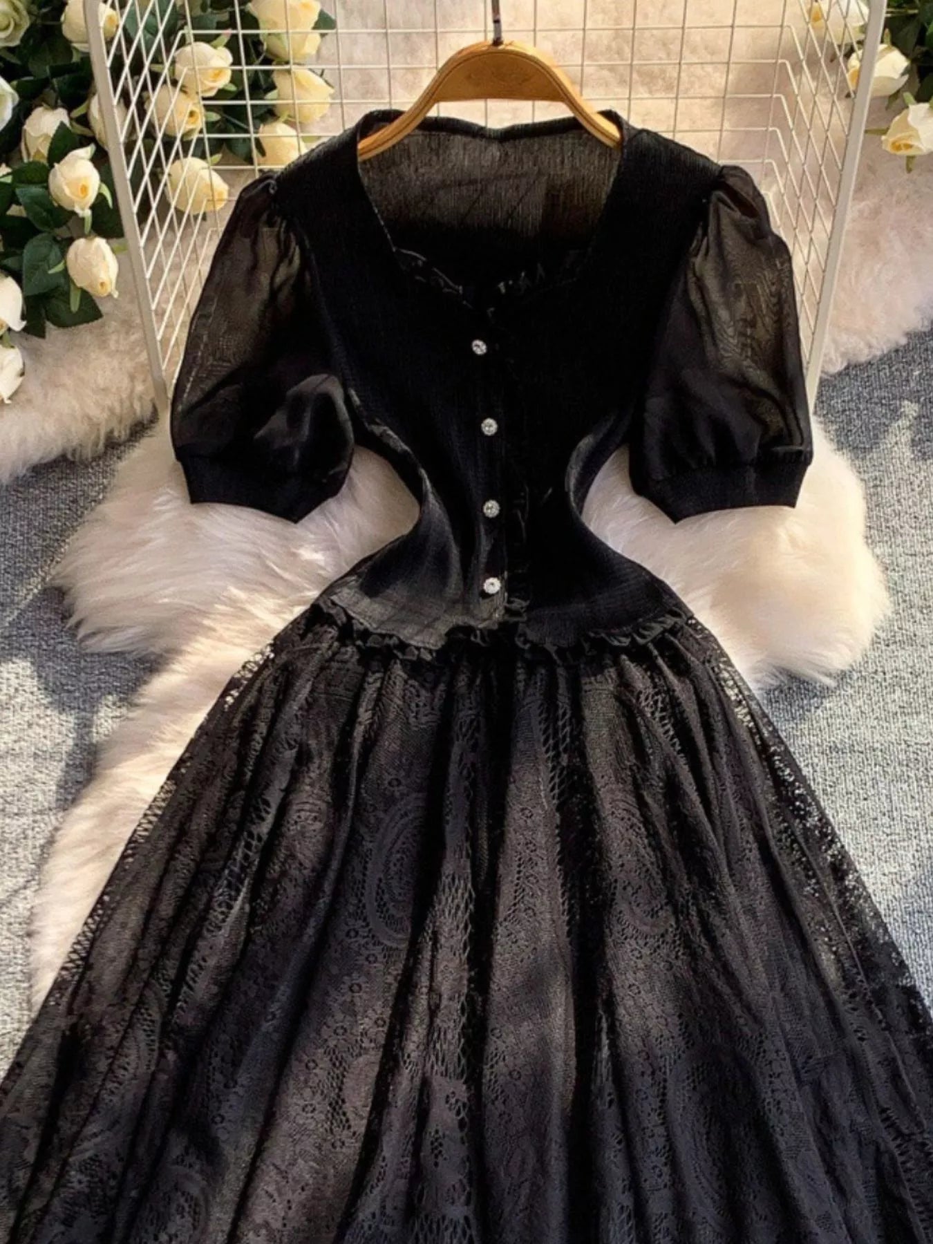 Lace Panel Puff Sleeve Dress