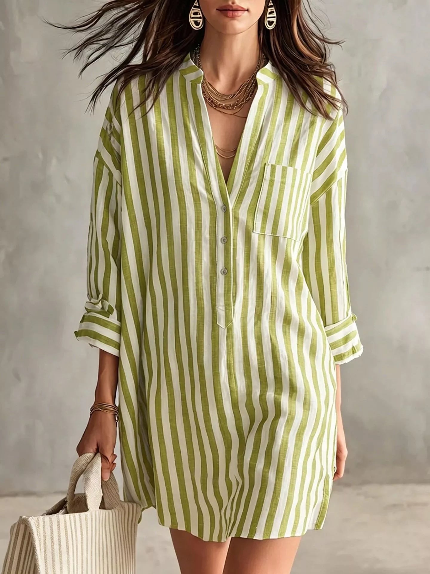 Full Size Striped 3/4 Sleeve Shirt Dress Plus Size