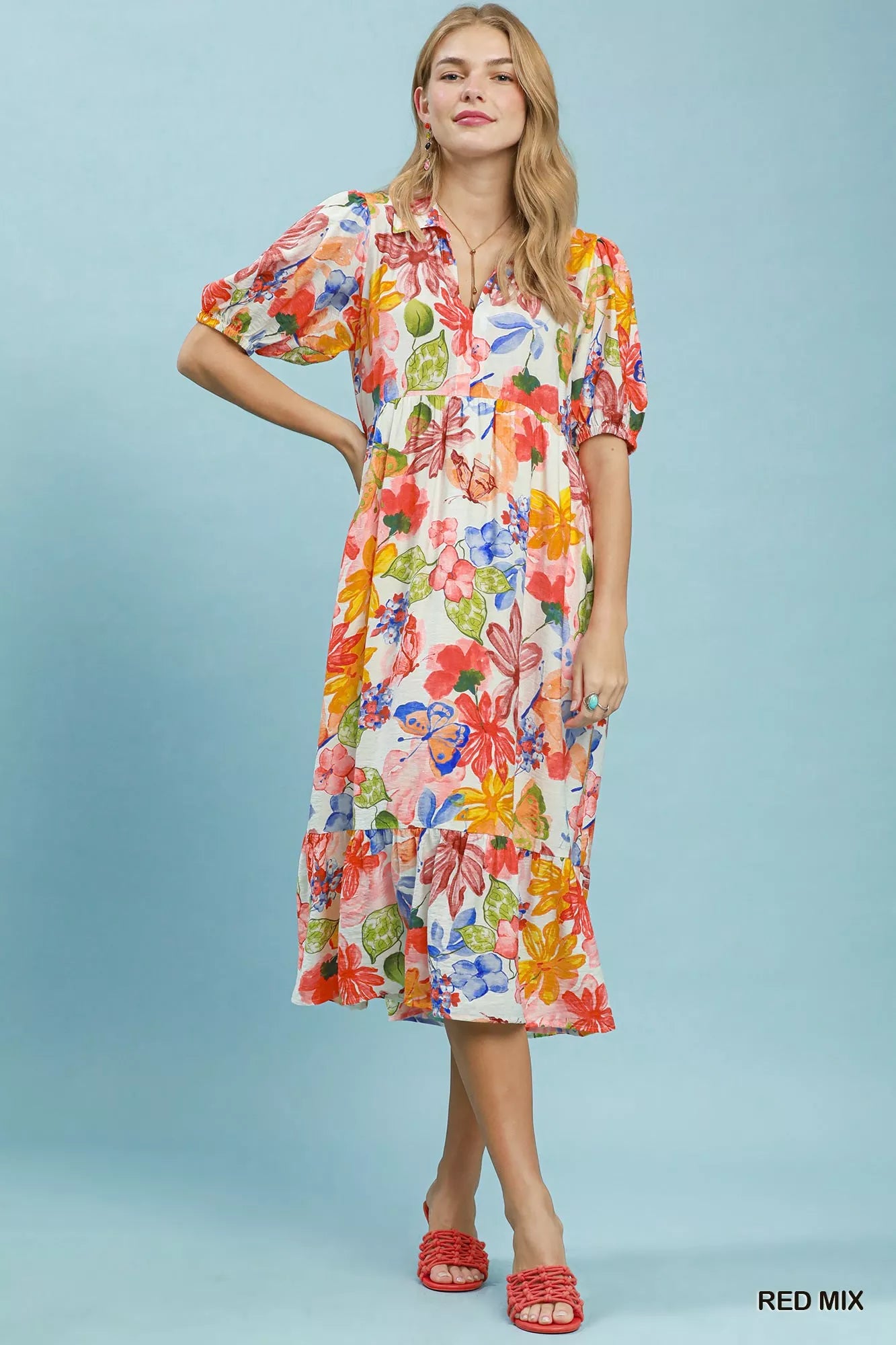 Umgee Watercolor Floral Tiered Midi Dress