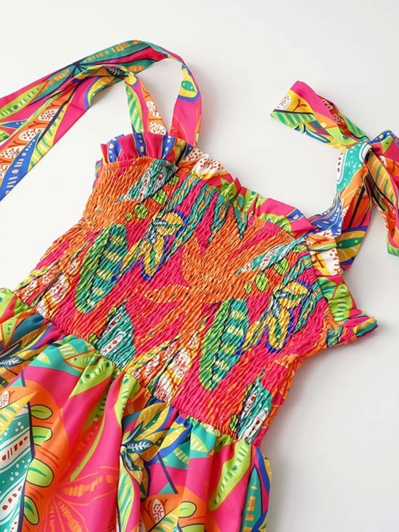 Tropical Print Smocked Tie-Strap Dress