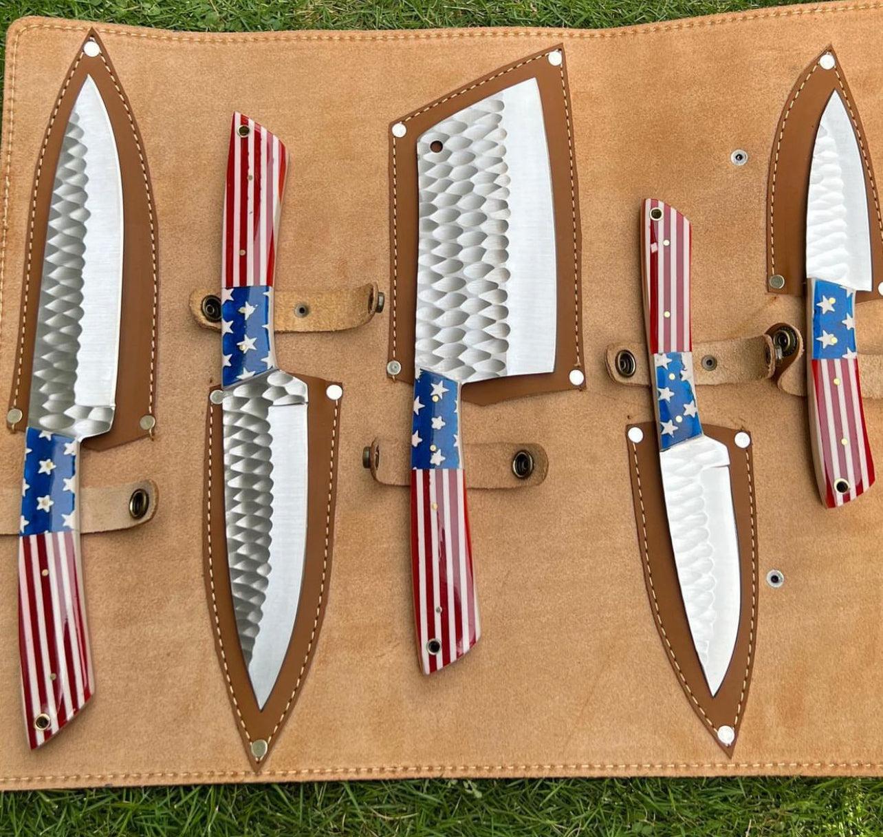 5 pieces Hand Forged D2 steel Texas Flag kitchen chef knives