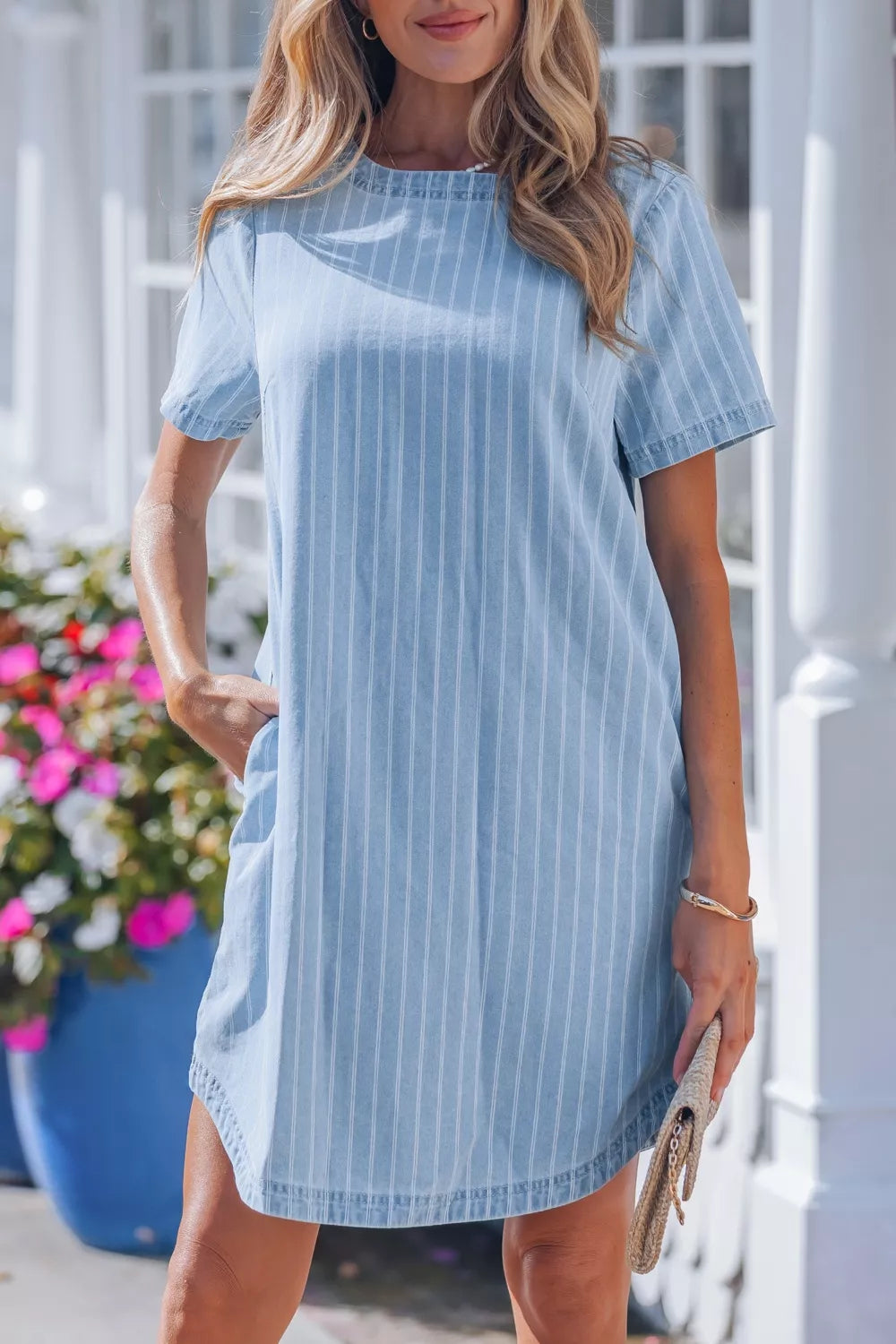 Stripe Buttoned Back T-Shirt Denim Mini Dress