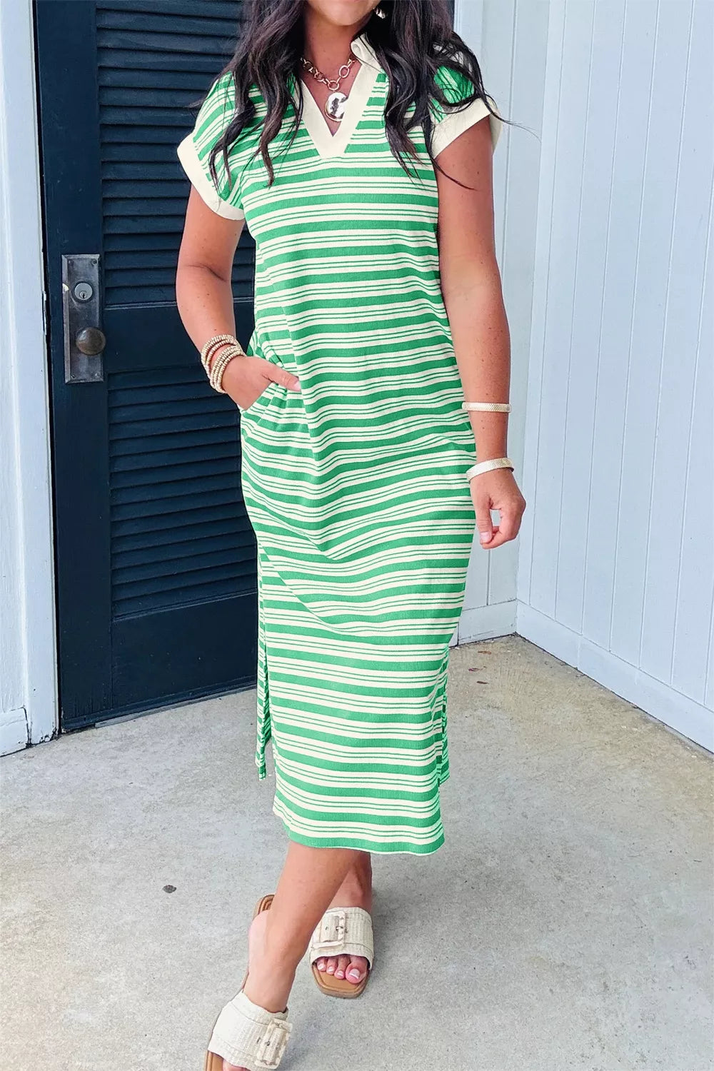 Stripe Collared V Neck Short Sleeve T Shirt Midi Dress with Pockets