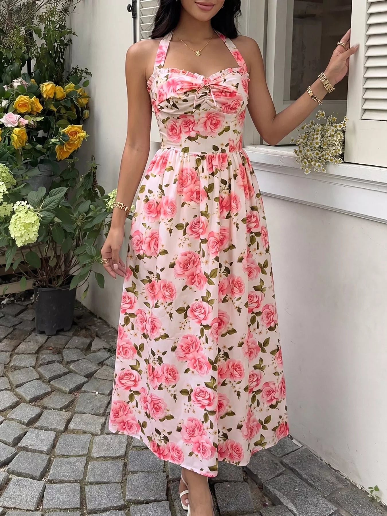 Floral Print Halter Neck Midi Dress