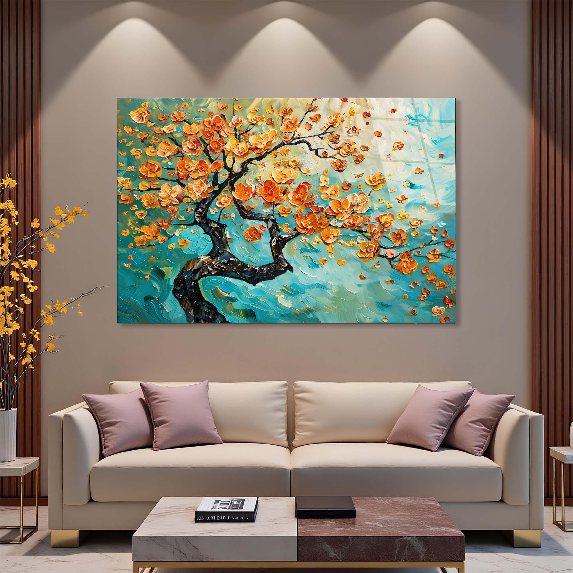 Golden Blossom Tree Glass Wall Art | Modern Nature Decor
