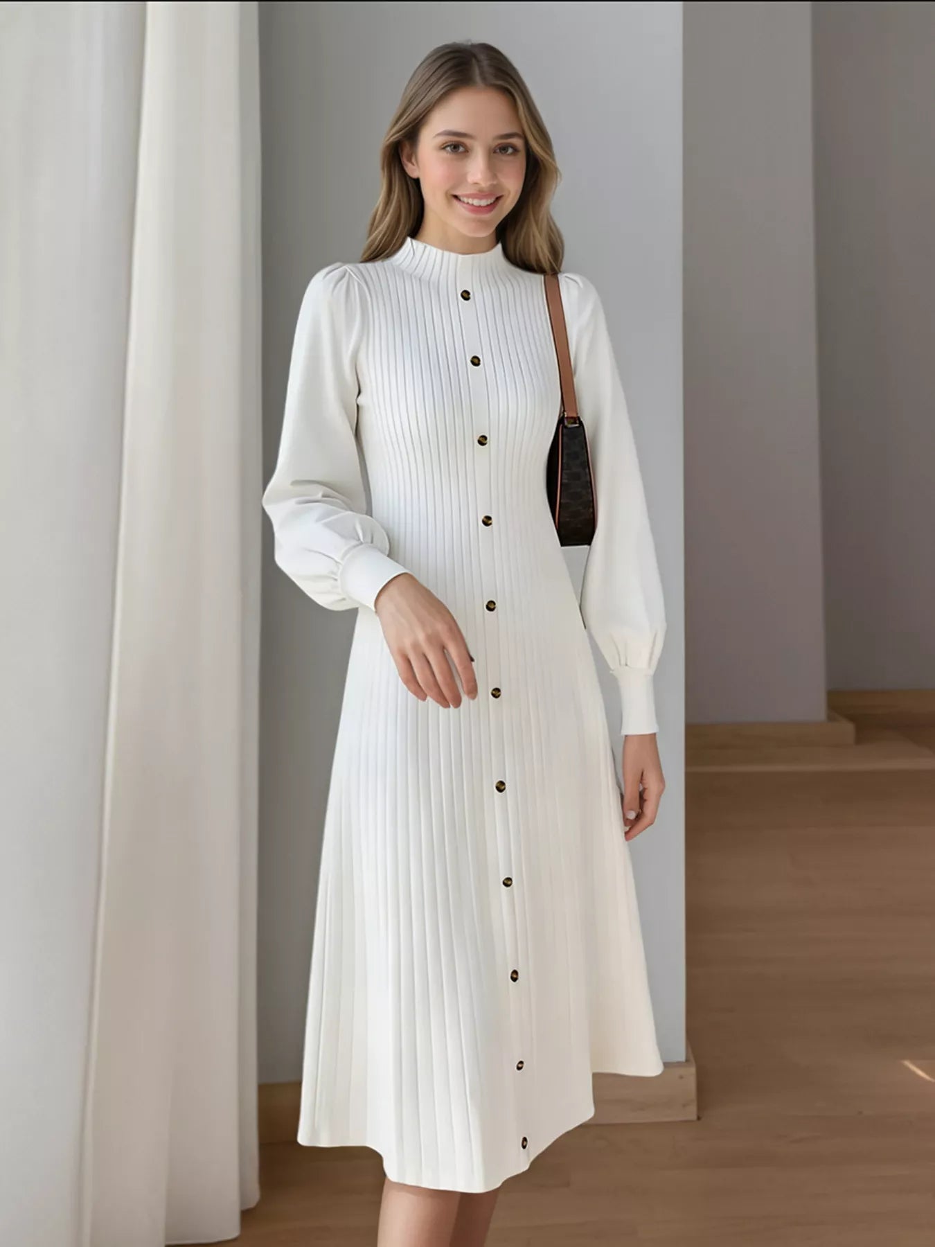 Ribbed Knit Mock Neck Midi Dress