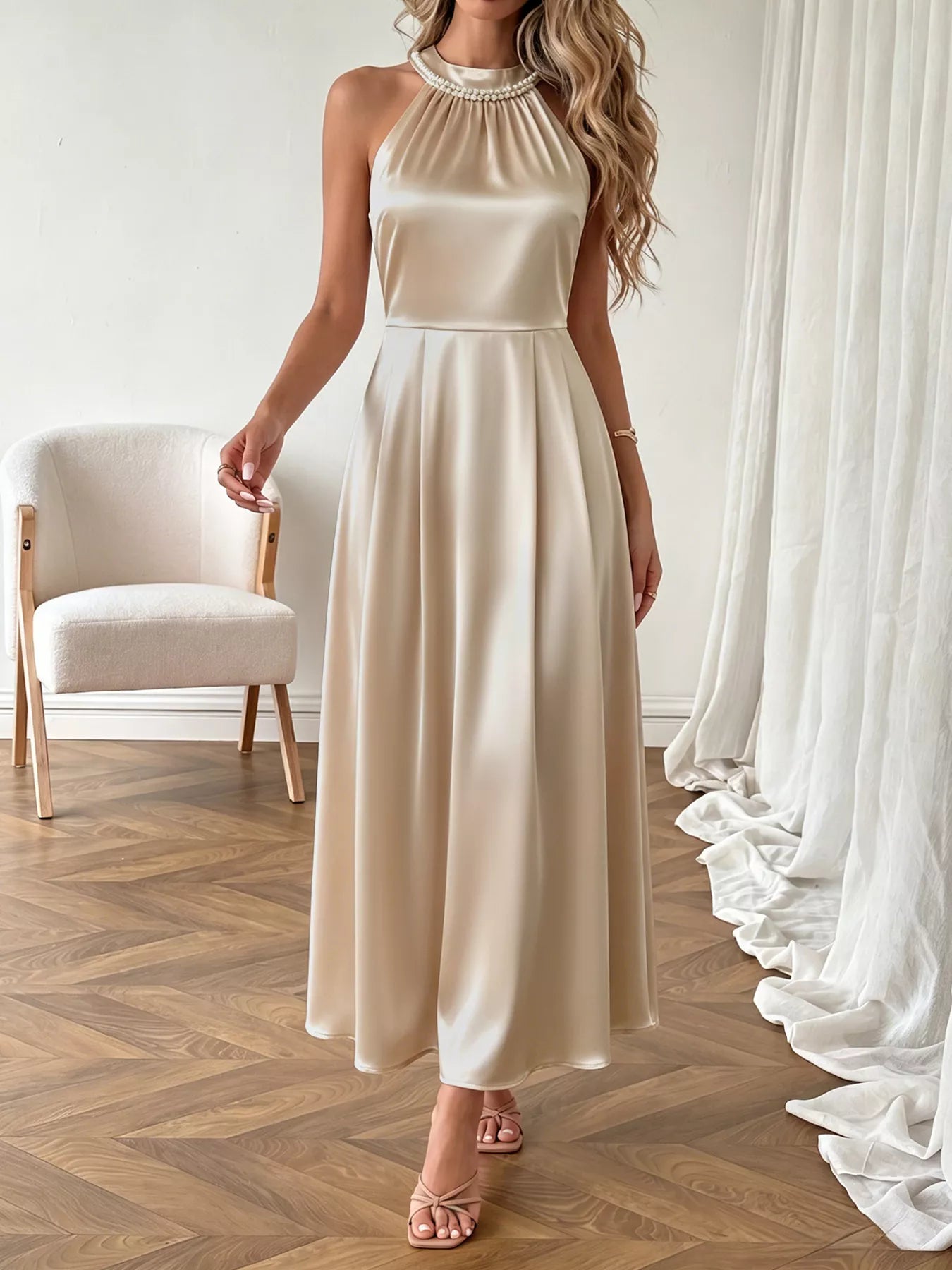 Pearl Halter Satin Midi Dress