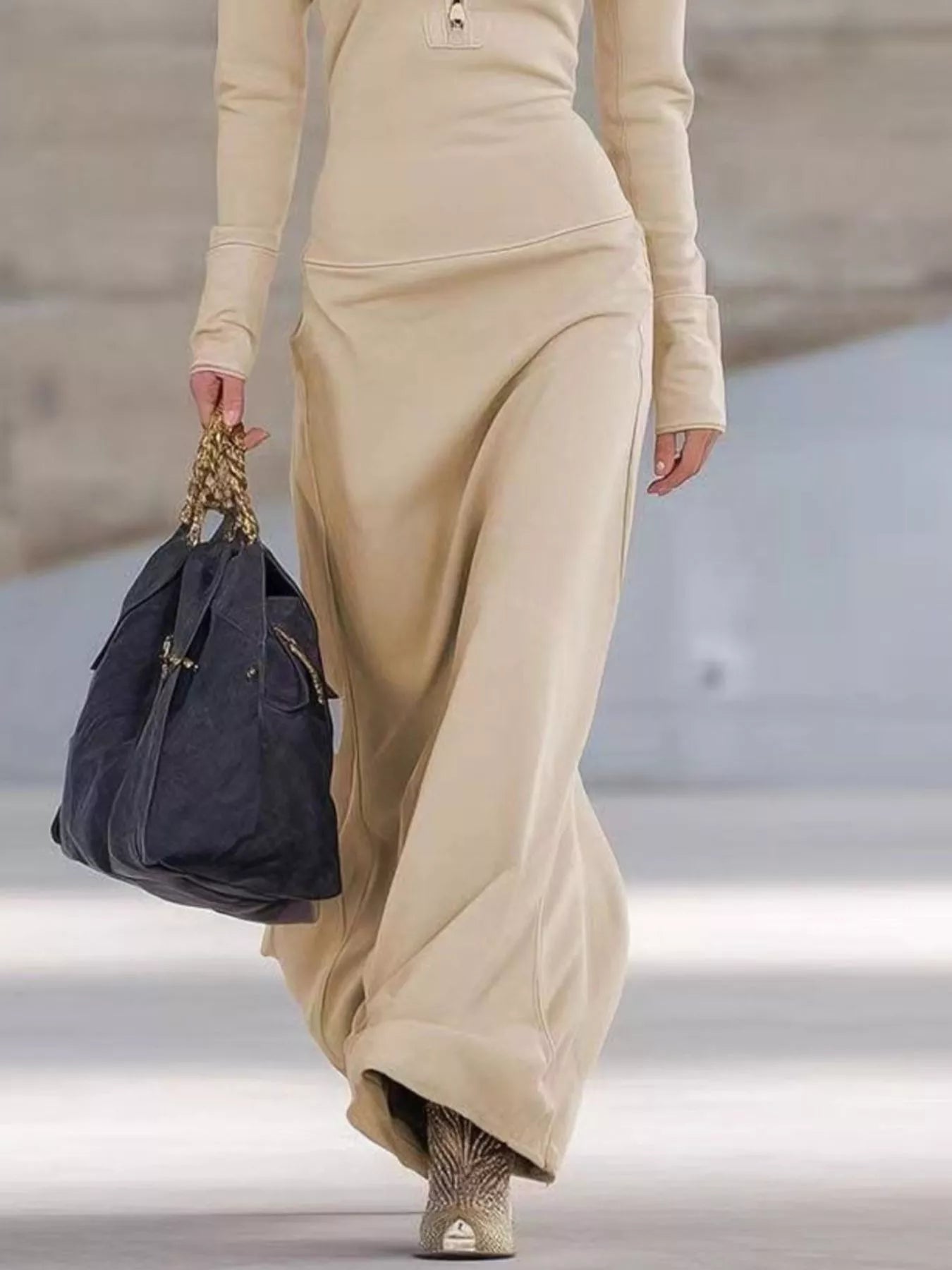 Zip Collar Long Sleeve Maxi Dress