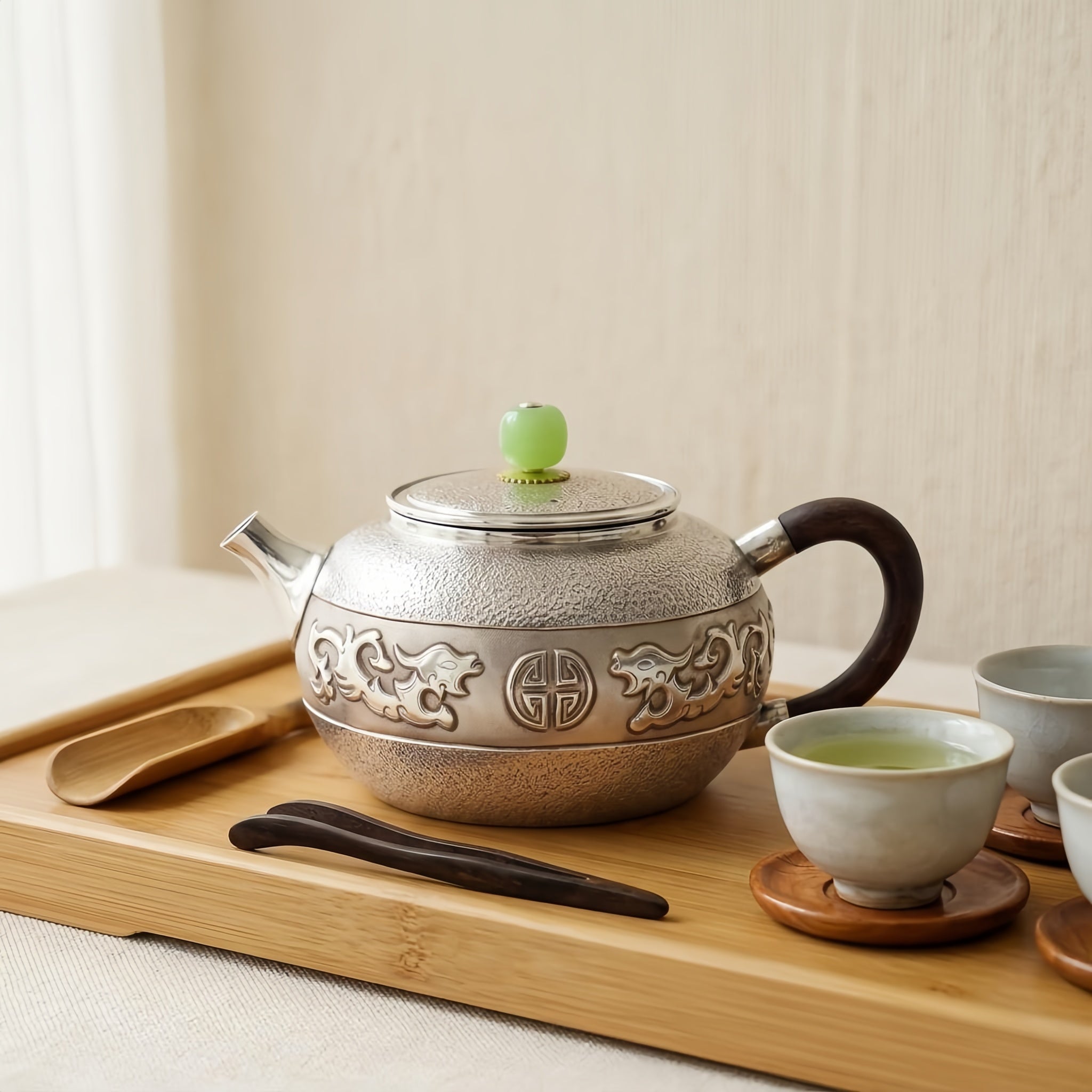 925 Sterling Silver Ornate Silver Dragon Teapot with Green Jade Finial and Elegant Wooden Handle - Handicraft