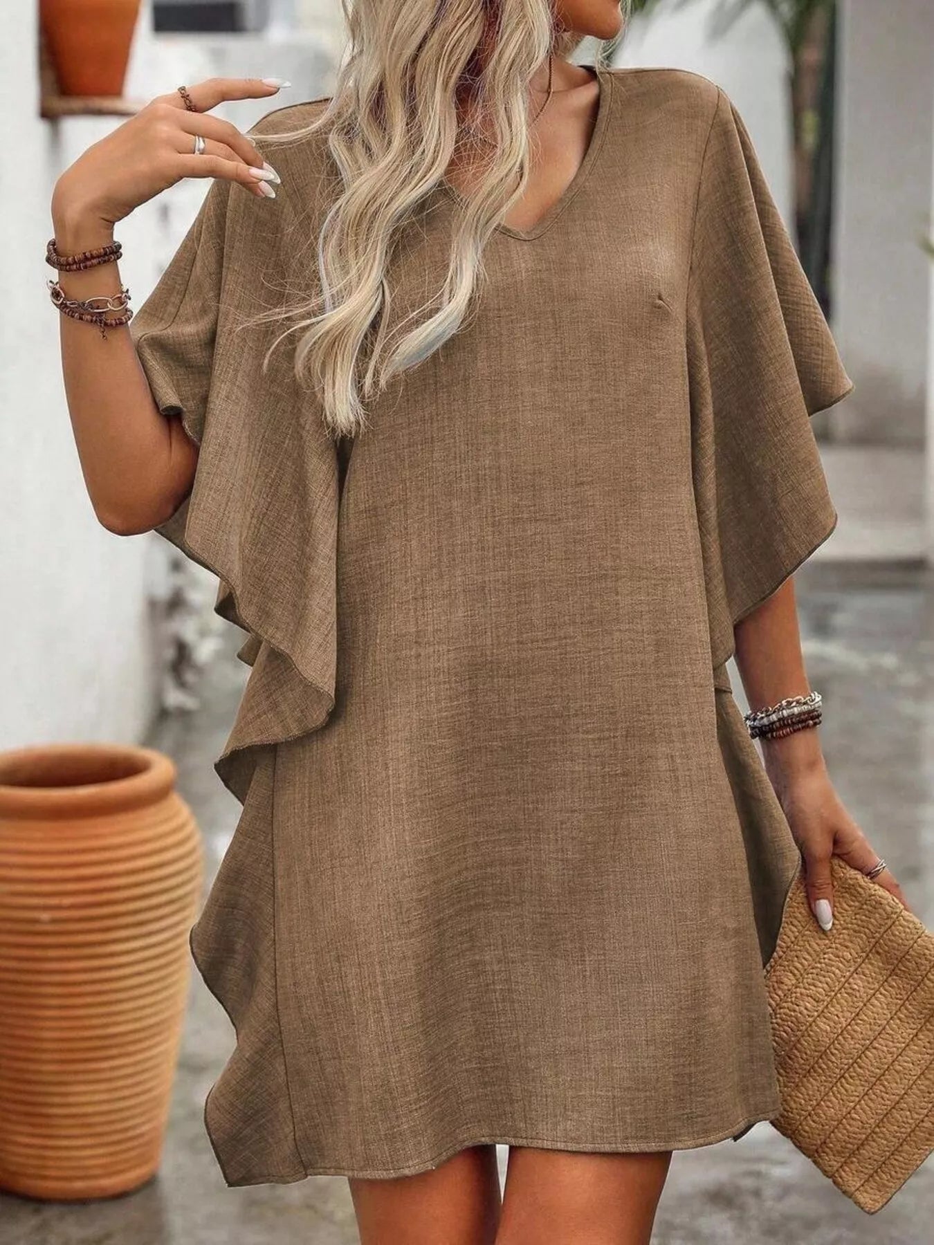 Ruffled Flutter Sleeve V-Neck Mini Dress