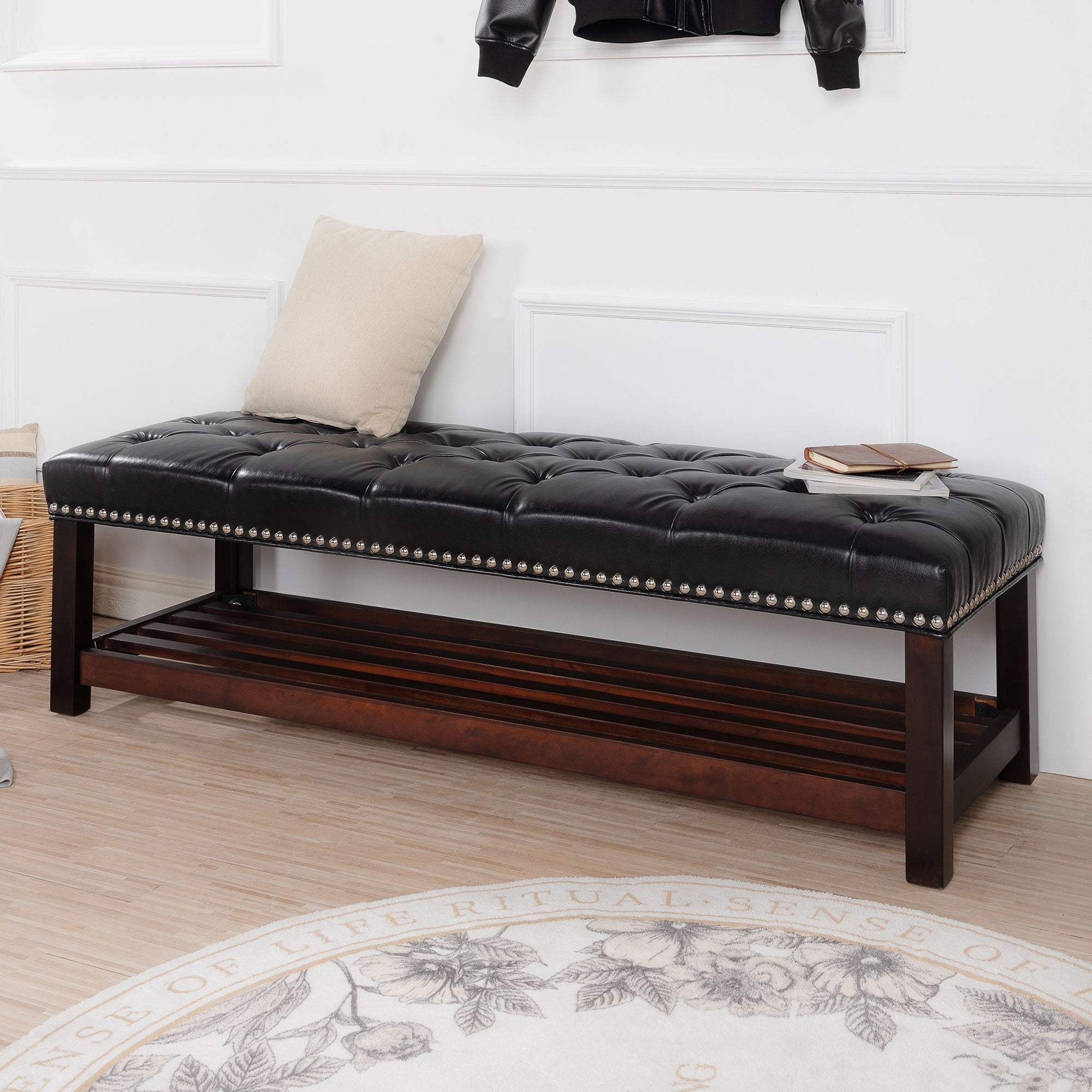 Bedroom End Of Bed Bench Tufted Upholstered End Of Bed Bench End Of Bed Entrance Shoe Bench With Nailhead Trim And Shelf Bedroom Upholstered Bench Living Room Shoe Rack Footstool