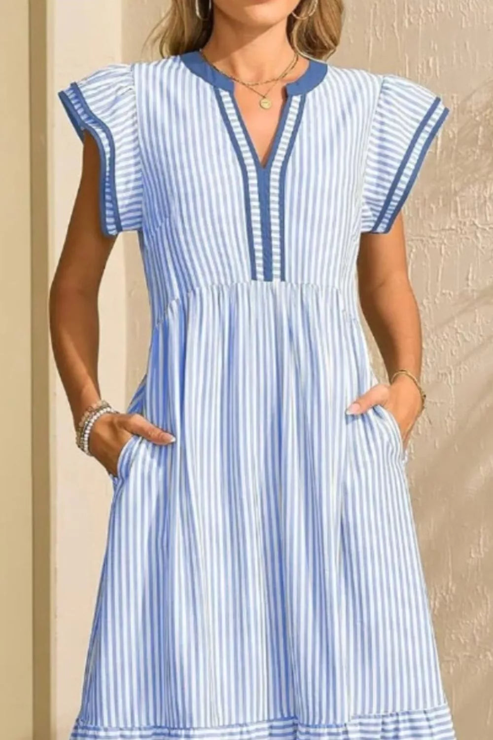 Striped Ruffle Sleeve Midi Dress