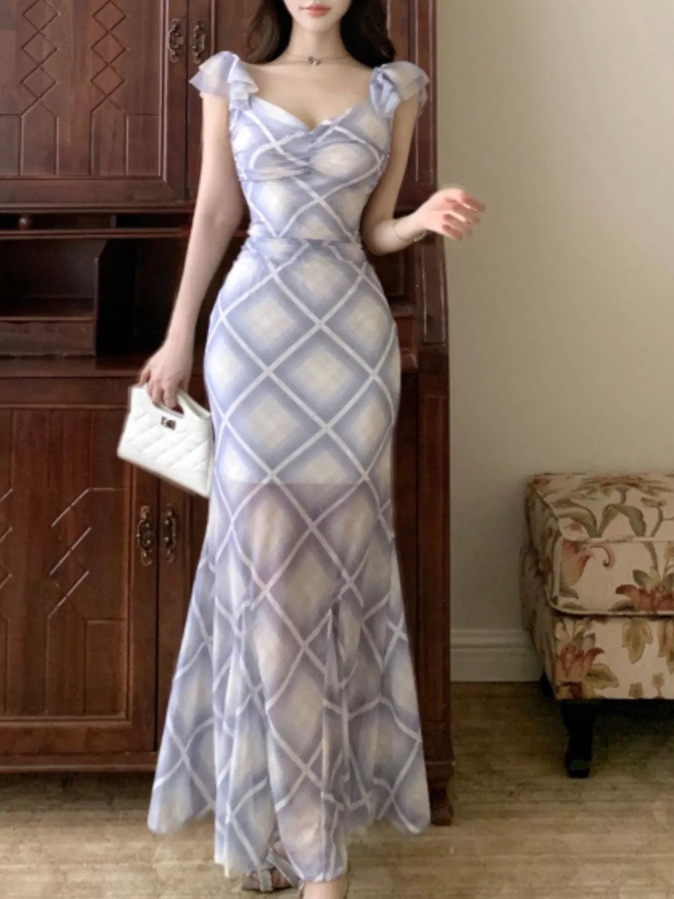 Plaid Ruffle Cap Sleeve Bodycon Maxi Dress