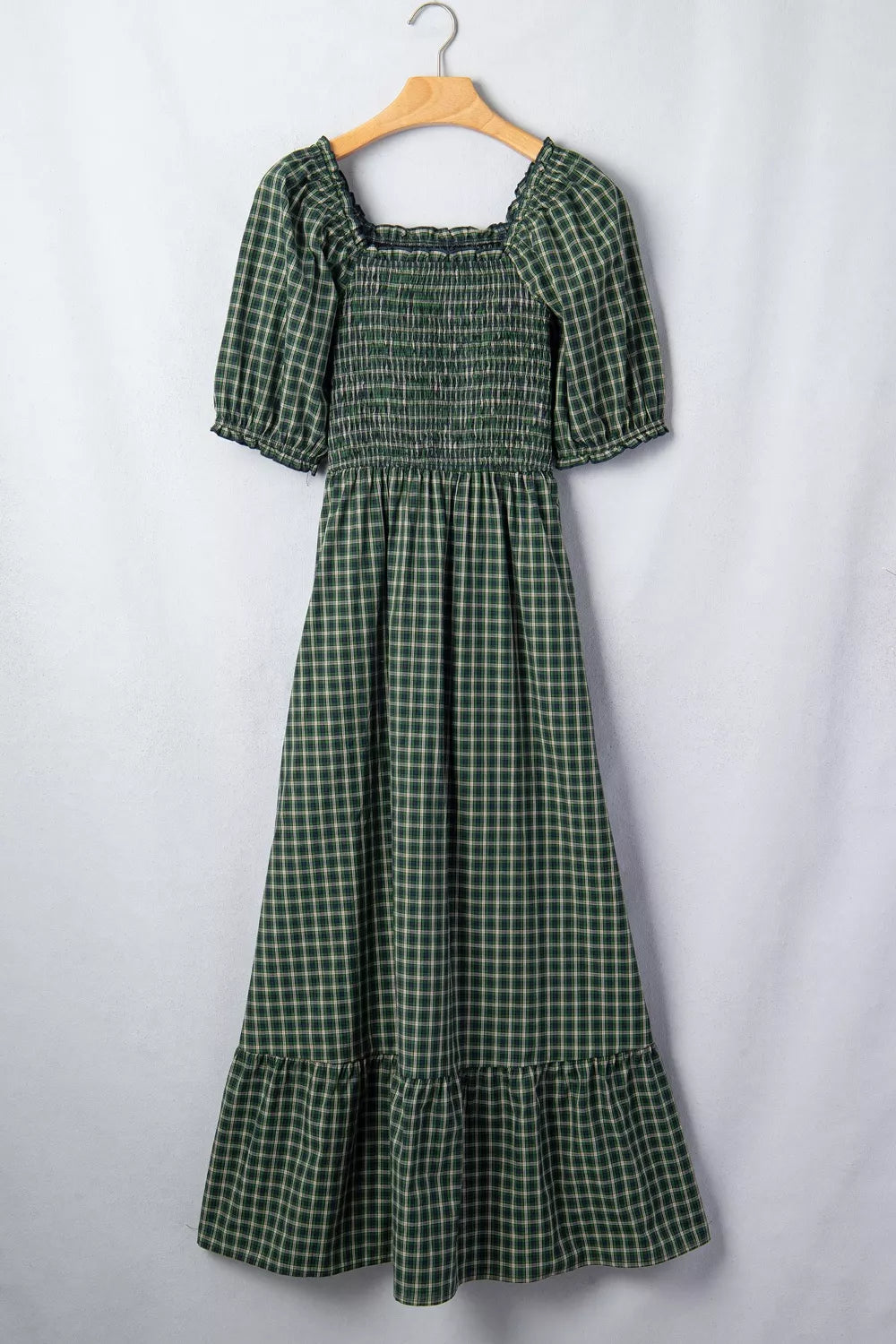 Plaid Square Neck Shirred High Waist Ruffle Hem Maxi Dress
