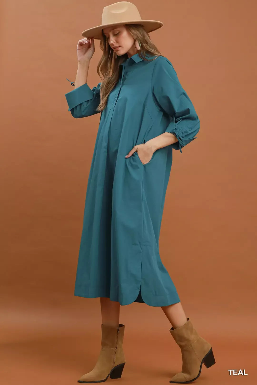 Umgee Collared Button Detail Relaxed Midi Dress