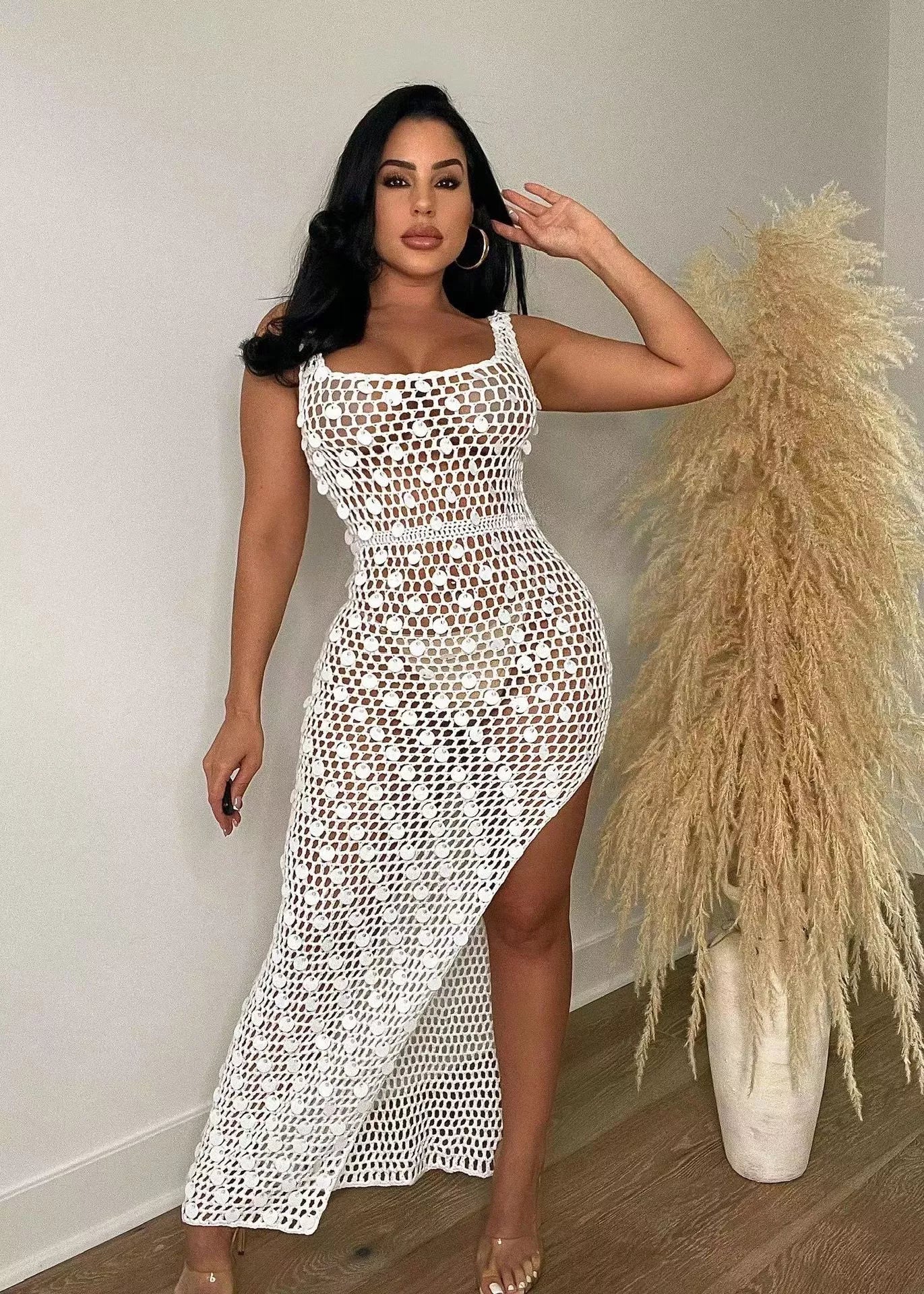 Sequin Embellished Crochet Maxi Dress with High Slit