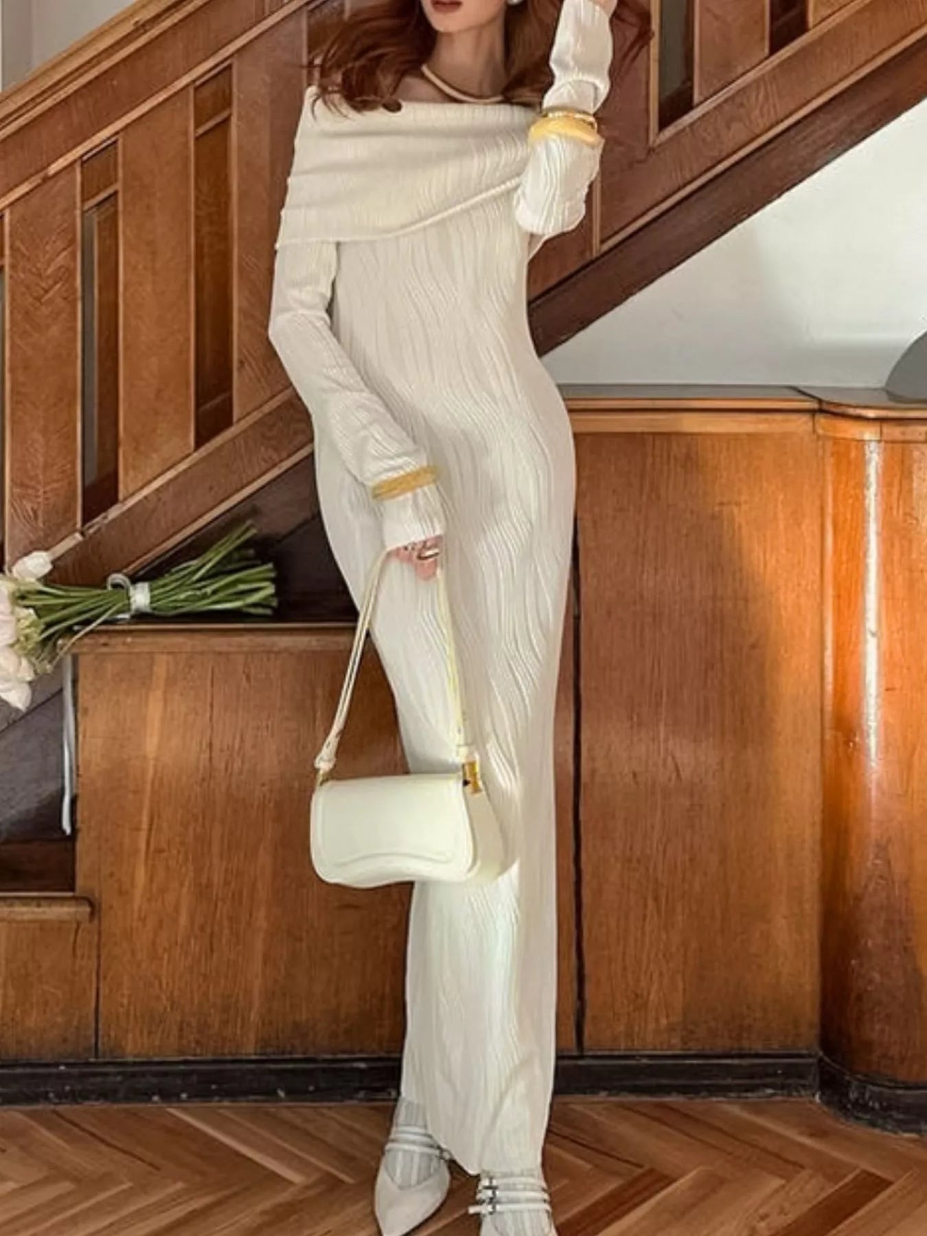 Off-Shoulder Textured Knit Maxi Dress