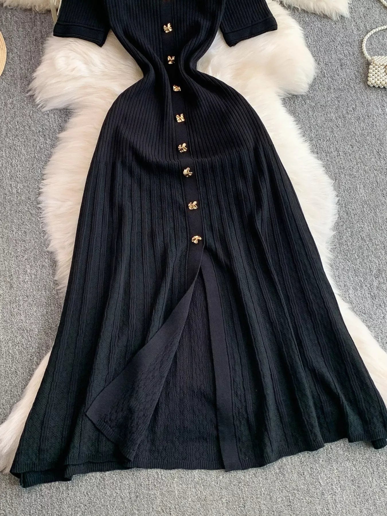 Button Front Ribbed Knit Midi Dress