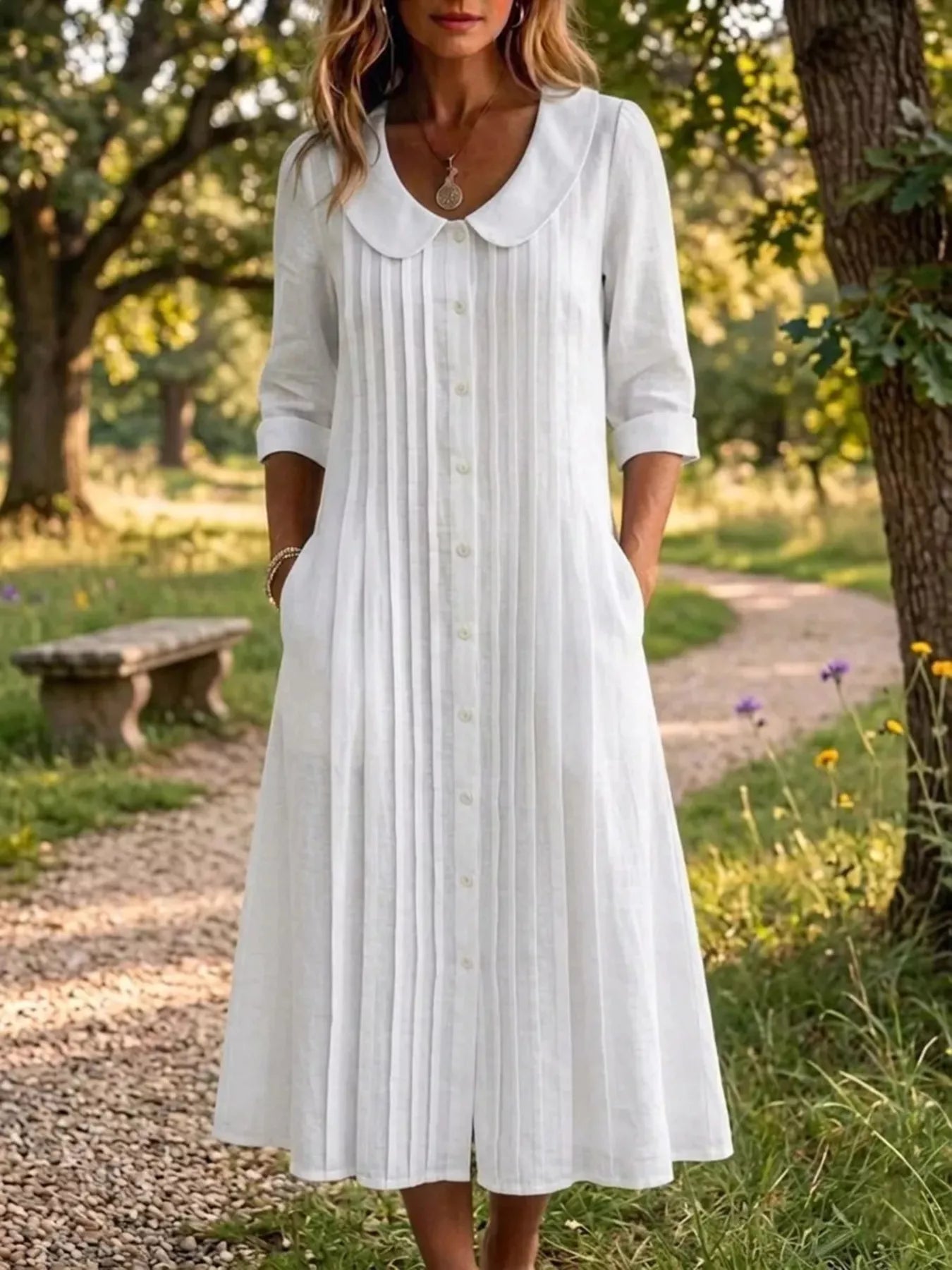 Full Size Peter Pan Collar Button Down Dress Plus Size