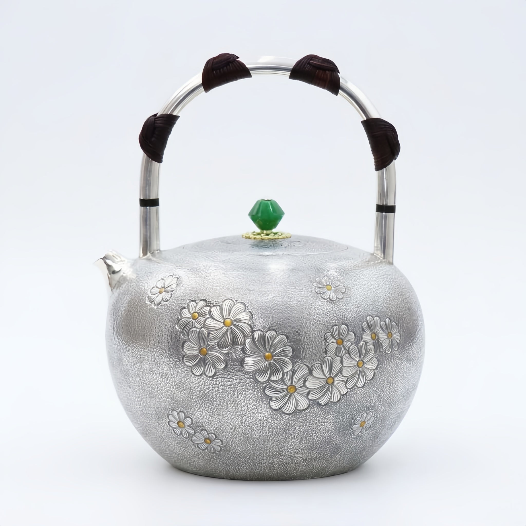 Pure 999 Fine Silver Handcrafted Sterling Silver Teapot with Floral Reliefs and Green Gemstone Knob - Handicraft
