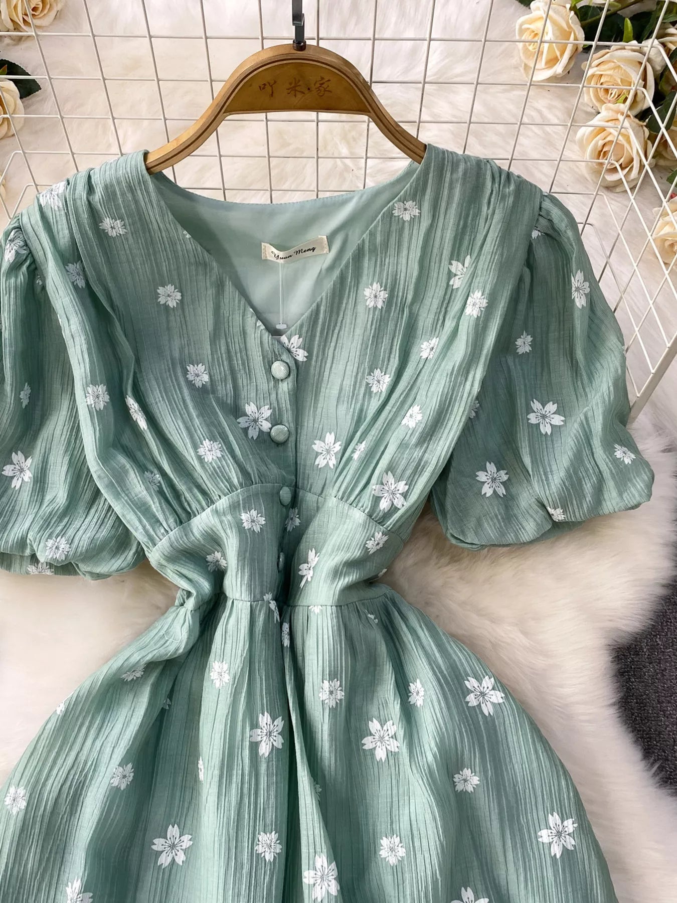 Floral Puff Sleeve A-Line Midi Dress
