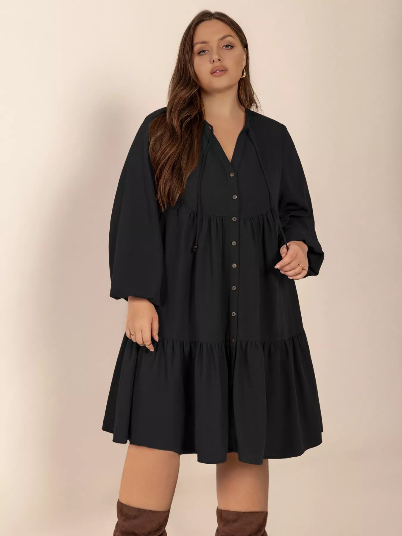Plus Size Button Front Balloon Sleeve Dress