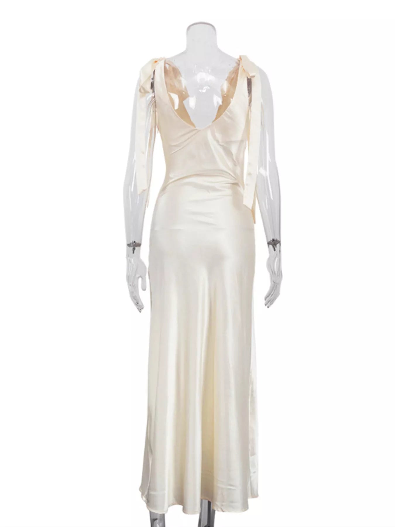 Satin Tie Shoulder Deep V-Neck Dress