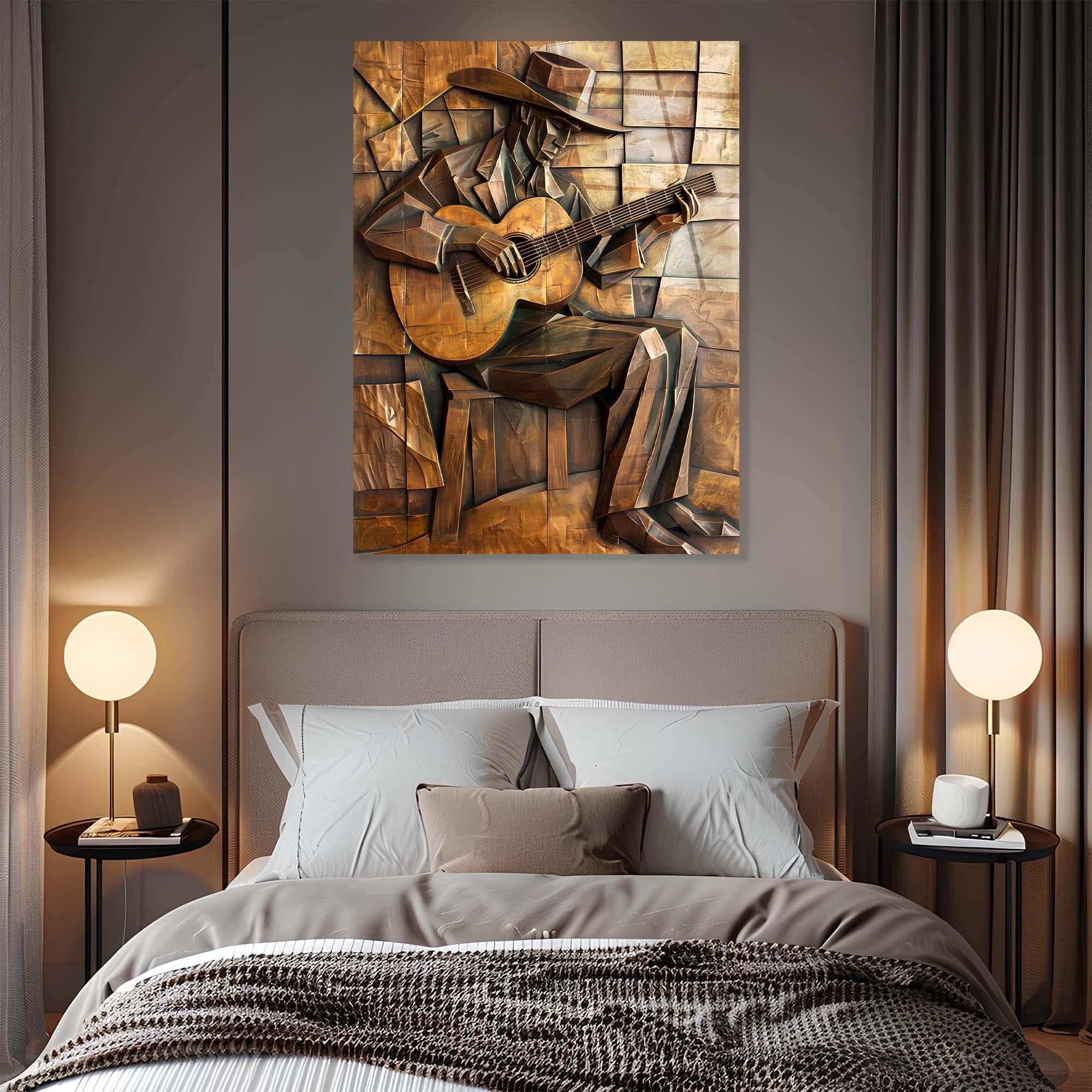 Cubist Guitarist Tempered Glass Wall Art | Modern Rustic Decor