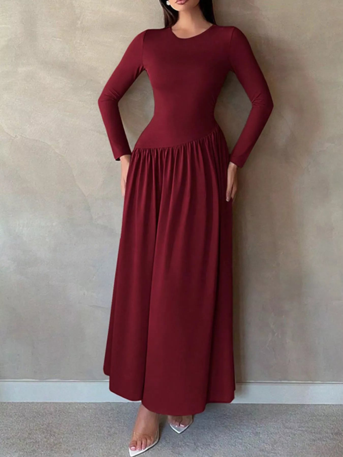 Long Sleeve Ruched A-Line Maxi Dress