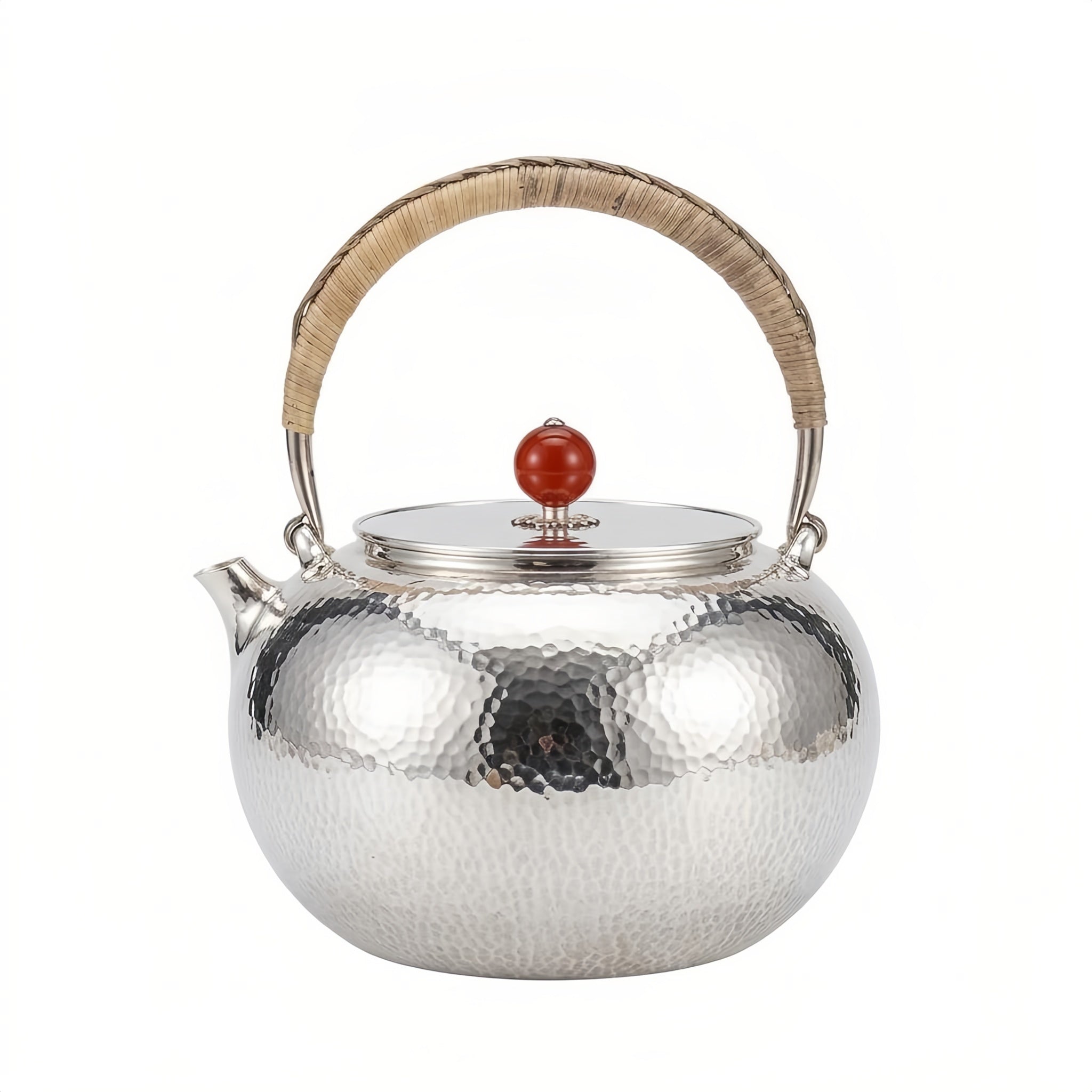 925 Sterling Silver Handcrafted Hammered Silver Teapot with Rattan Handle and Red Agate Finial - Handicraft