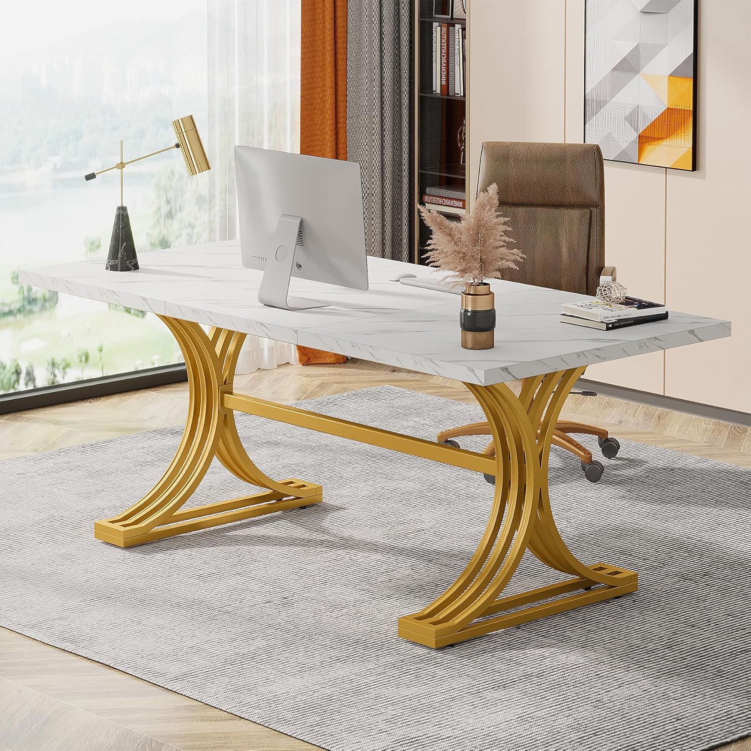 Executive Desk With X-Legs, Sturdy Office Workstation For Home Office - White / Gold