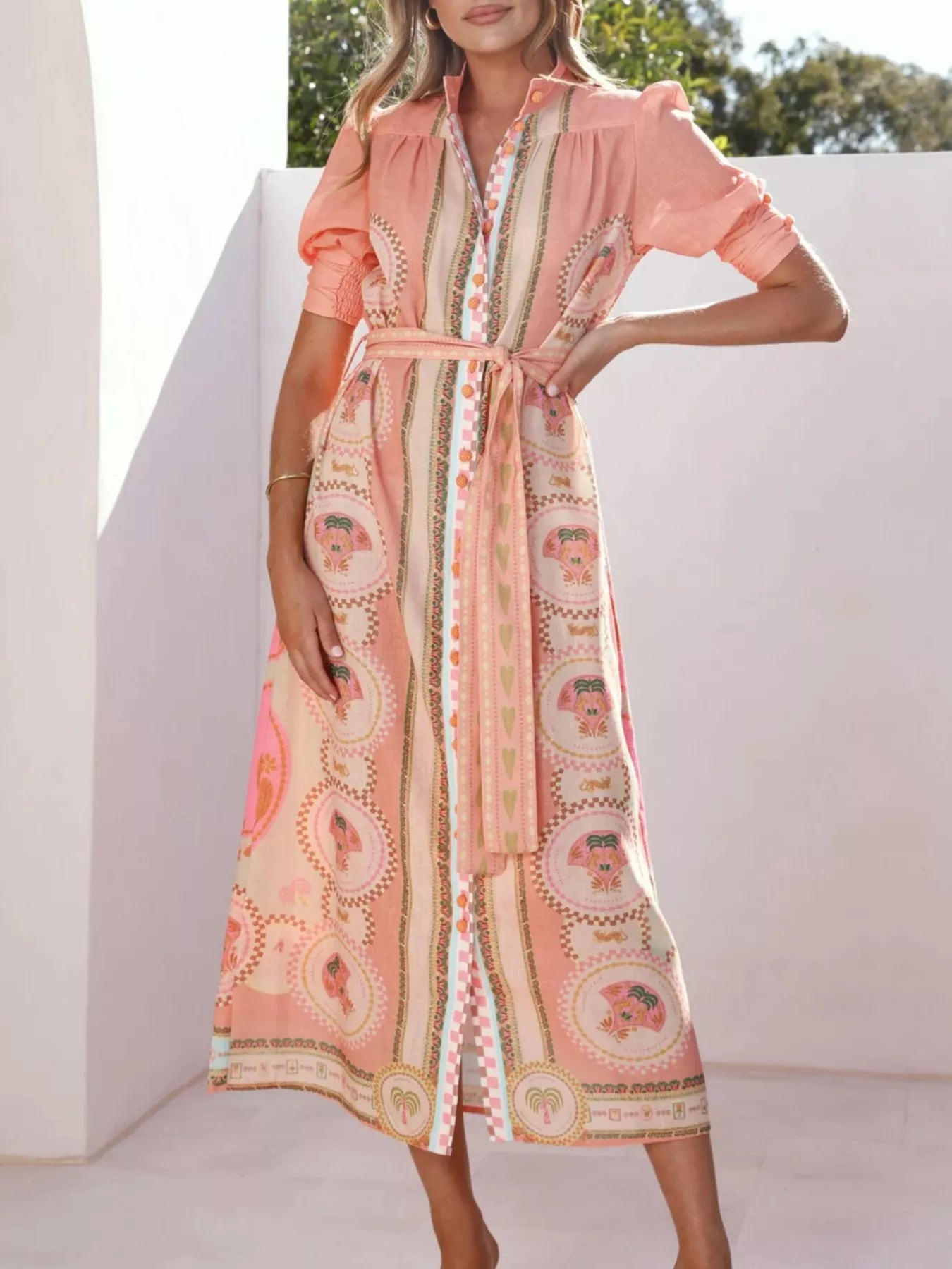 Printed Puff Sleeve Tie Waist Midi Dress