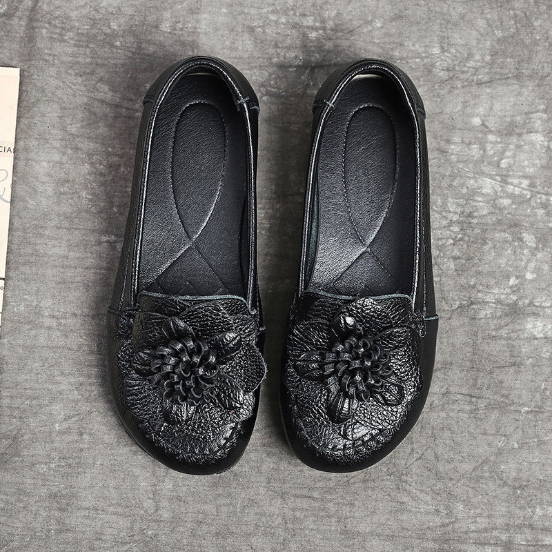 Genuine leather flat bottomed soft sole anti slip sleeve shoes Dance flower women's shoes