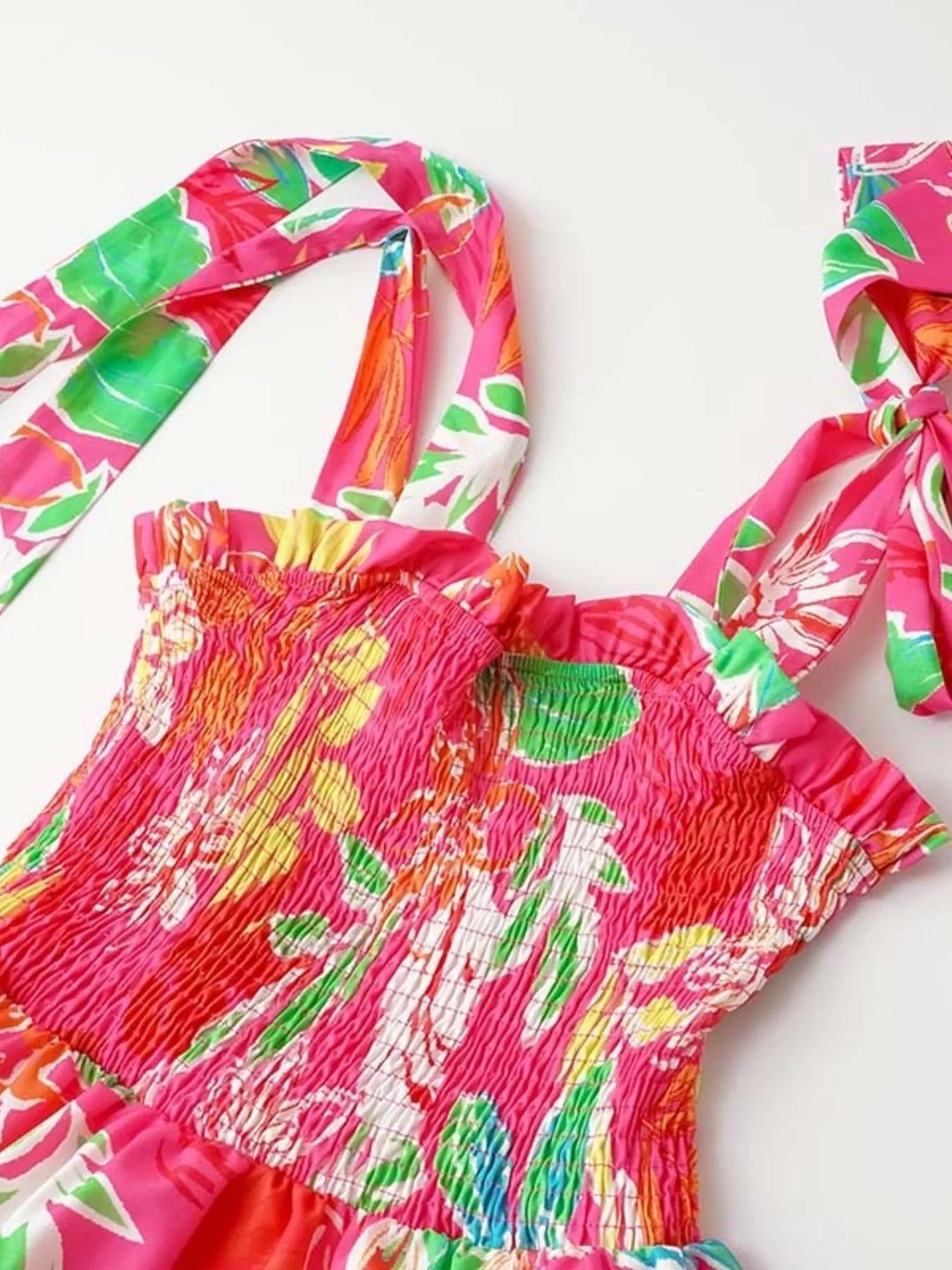 Tropical Print Smocked Tie-Strap Dress