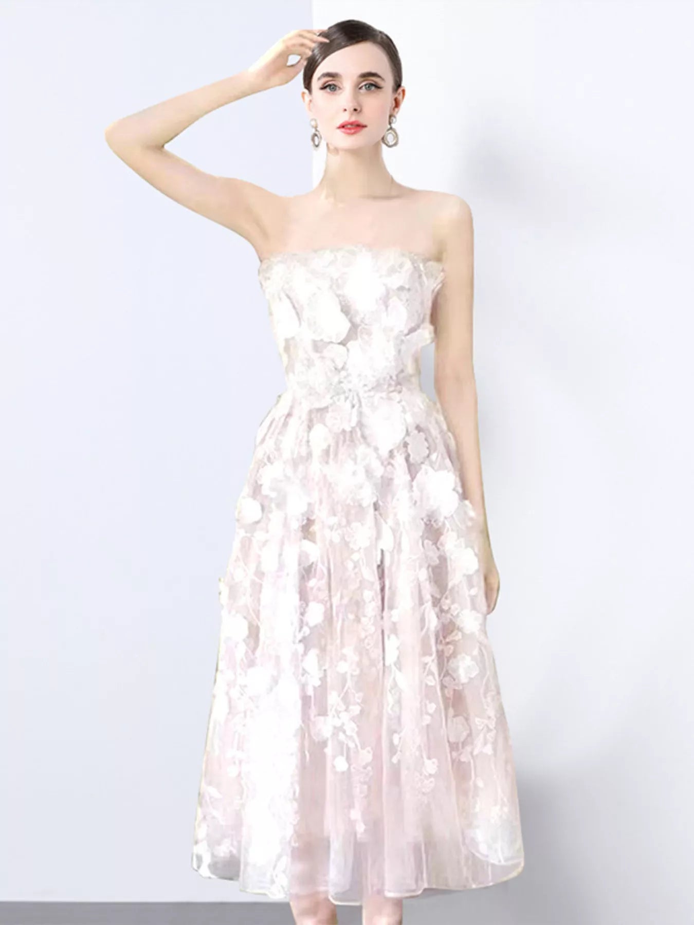 Strapless Floral Applique Midi Dress