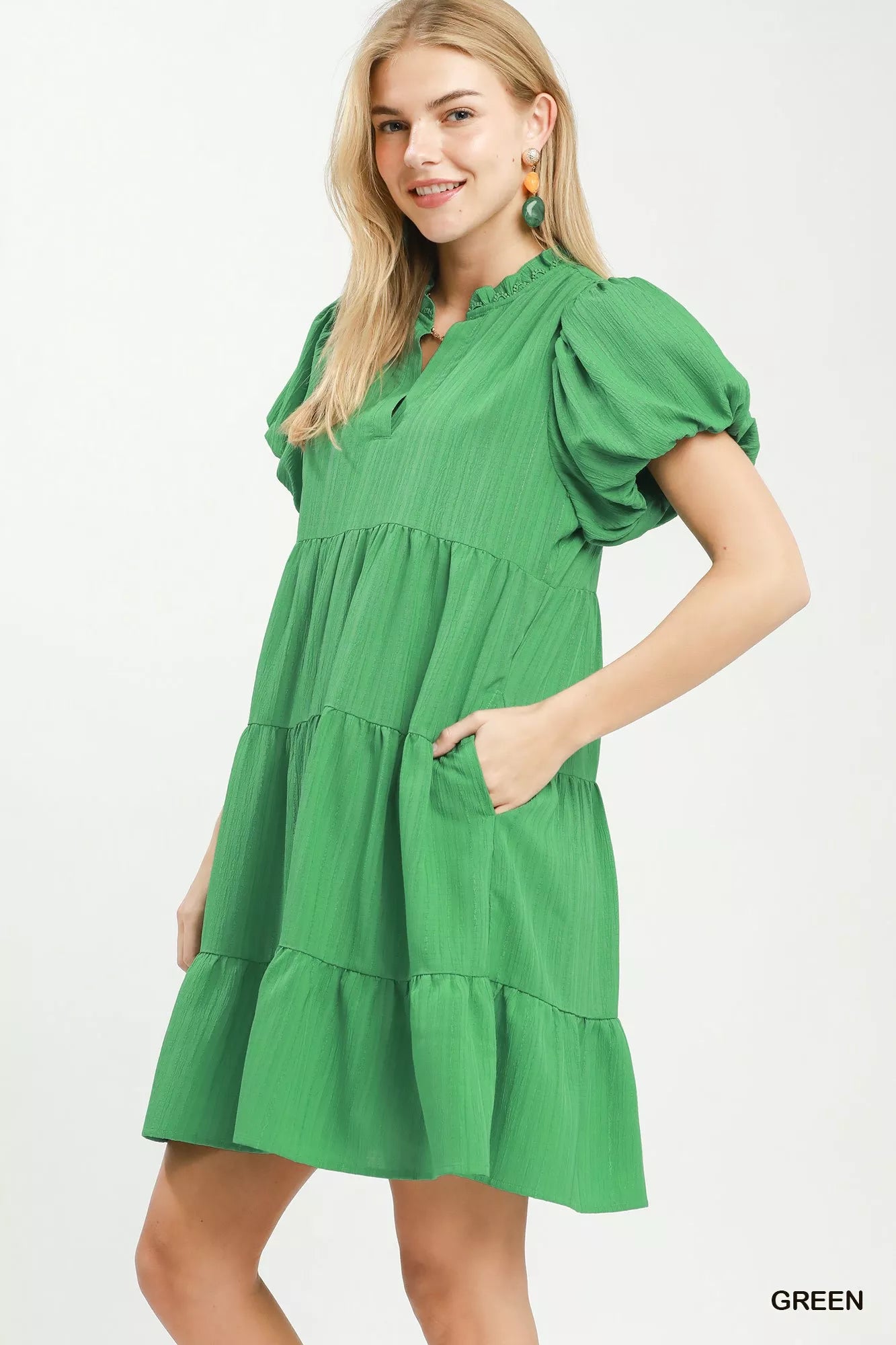 Umgee Puff Sleeve Tiered Babydoll Dress