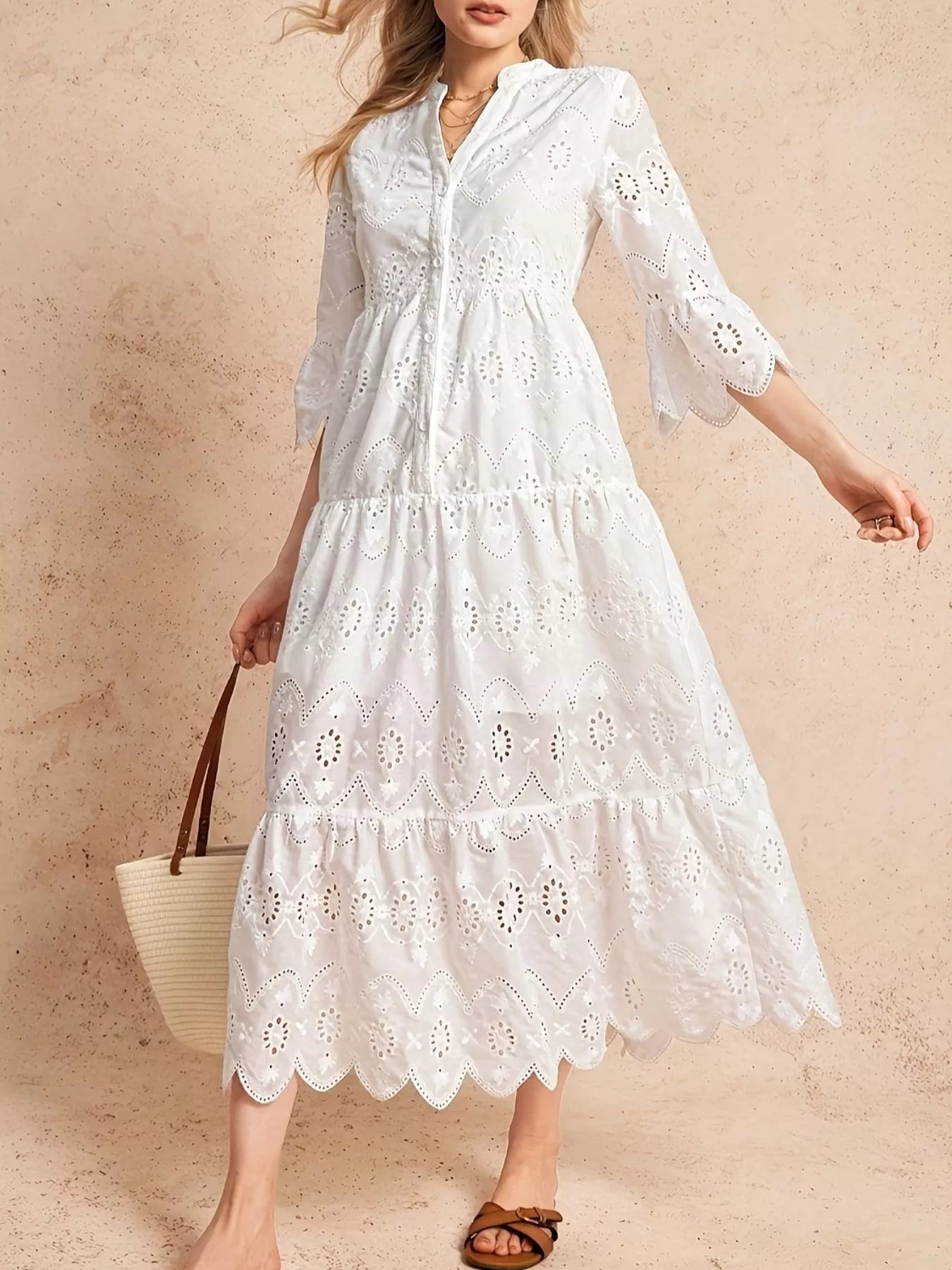 Eyelet Notched Tiered Midi Dress