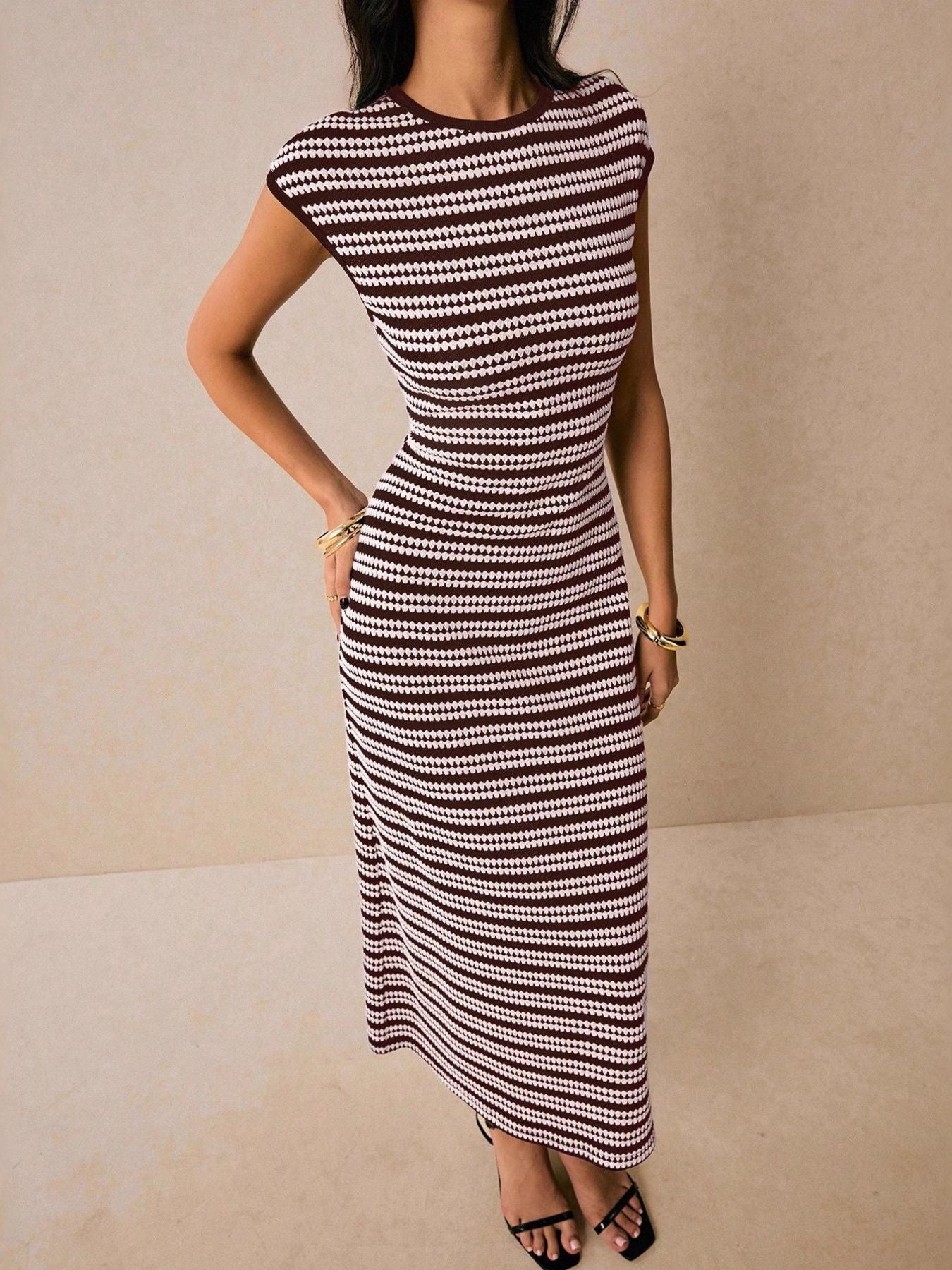 Striped Cap Sleeve Bodycon Midi Dress