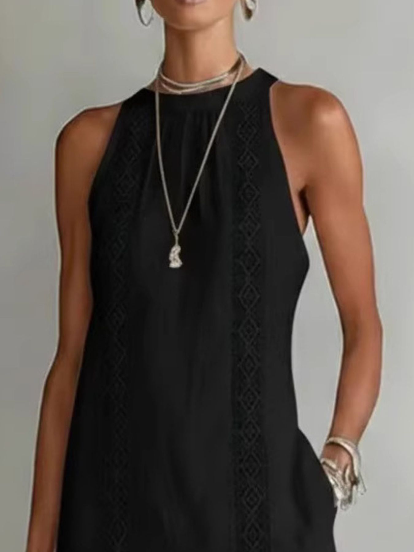 Side Slit Sleeveless Hollow-Out Trimmed Midi Dress