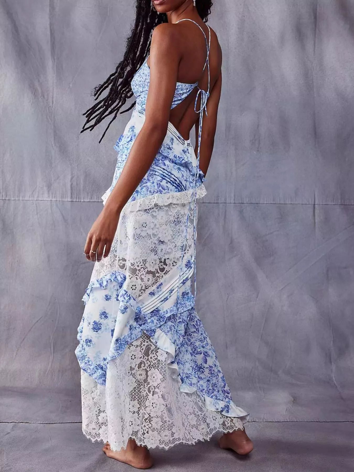 Lace Floral Print Ruffle Trim Maxi Dress