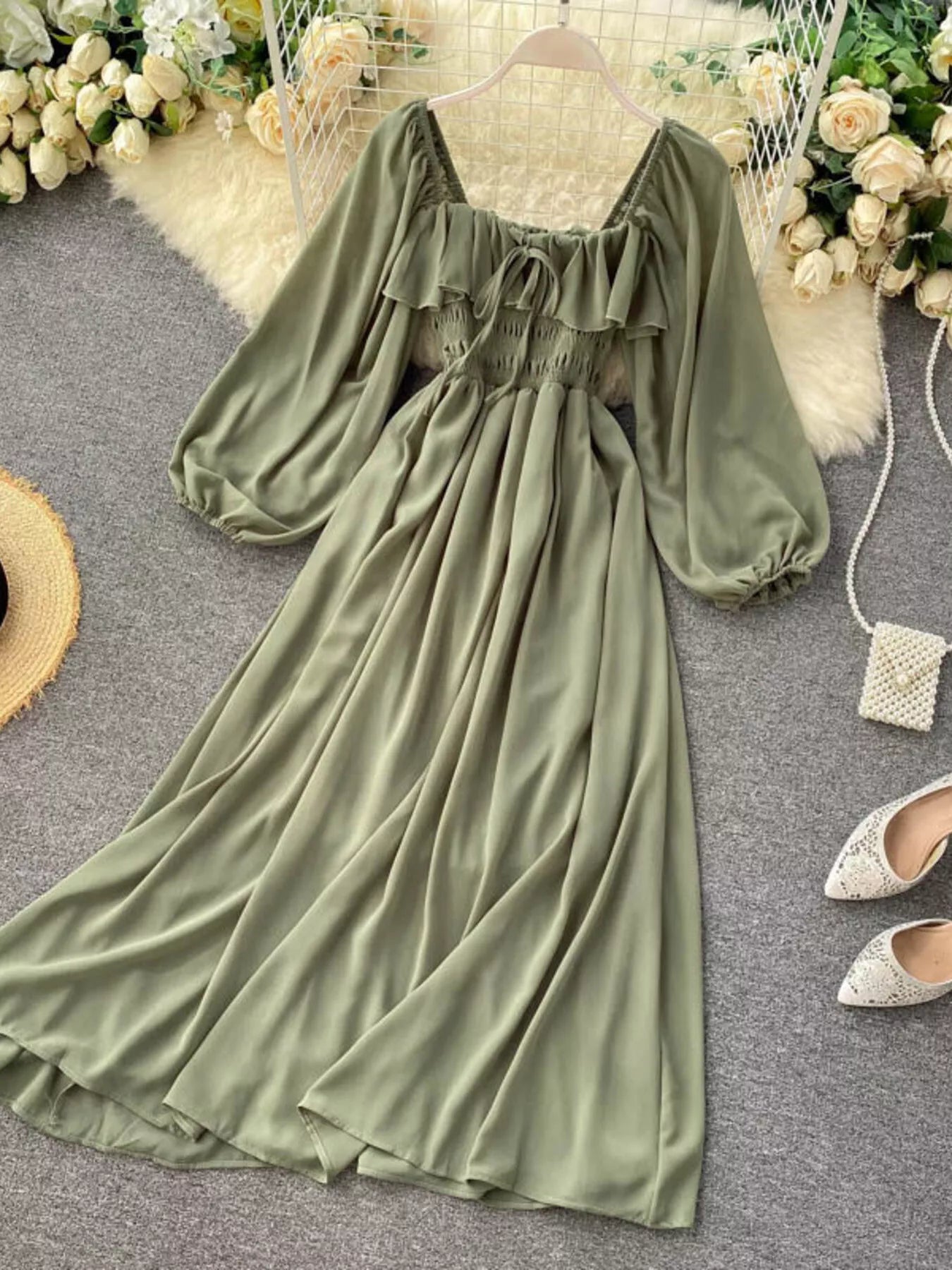 Ruffle Square Neck Balloon Sleeve A-Line Dress