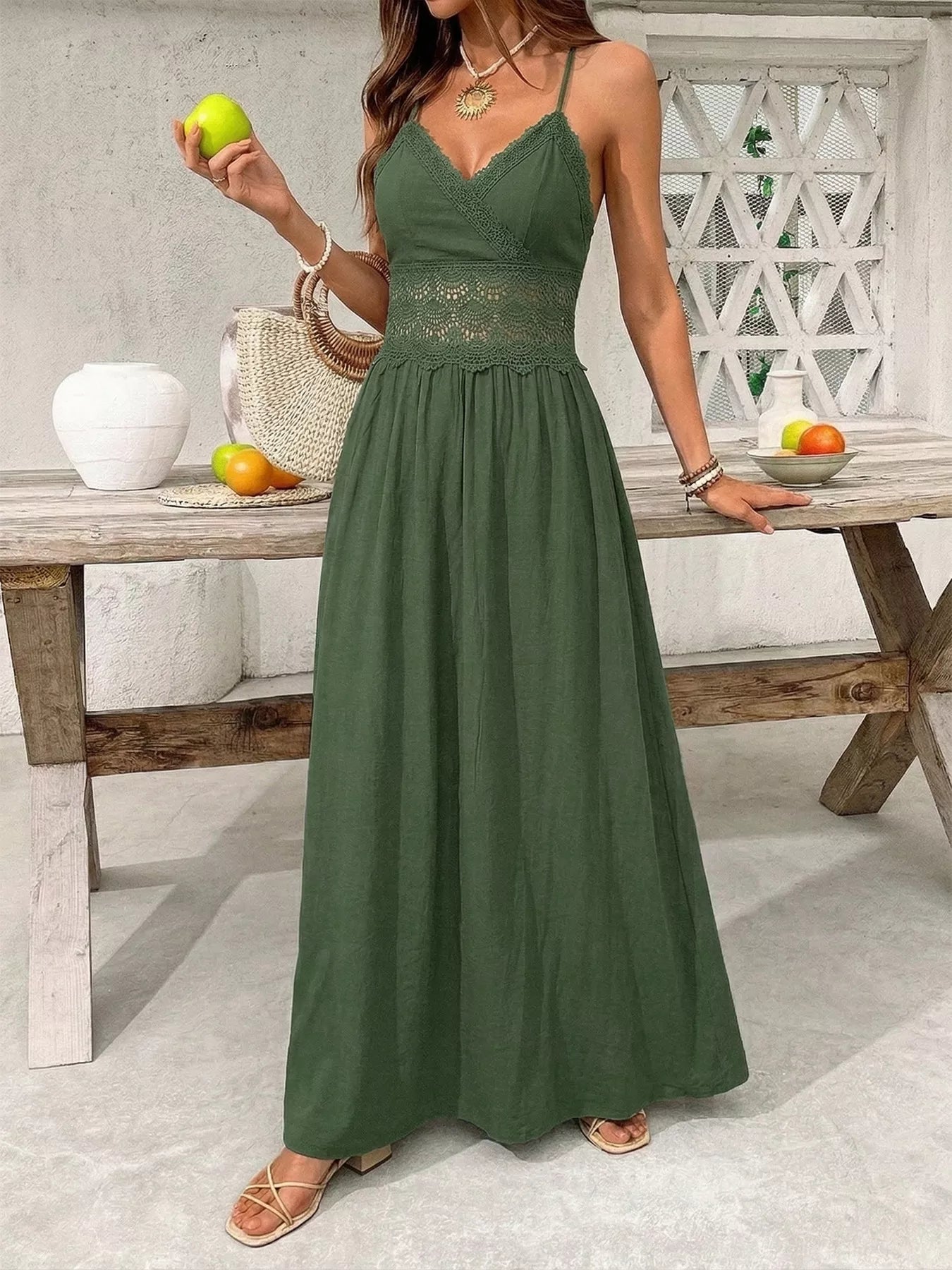 Lace Trim Spaghetti Strap Maxi Dress