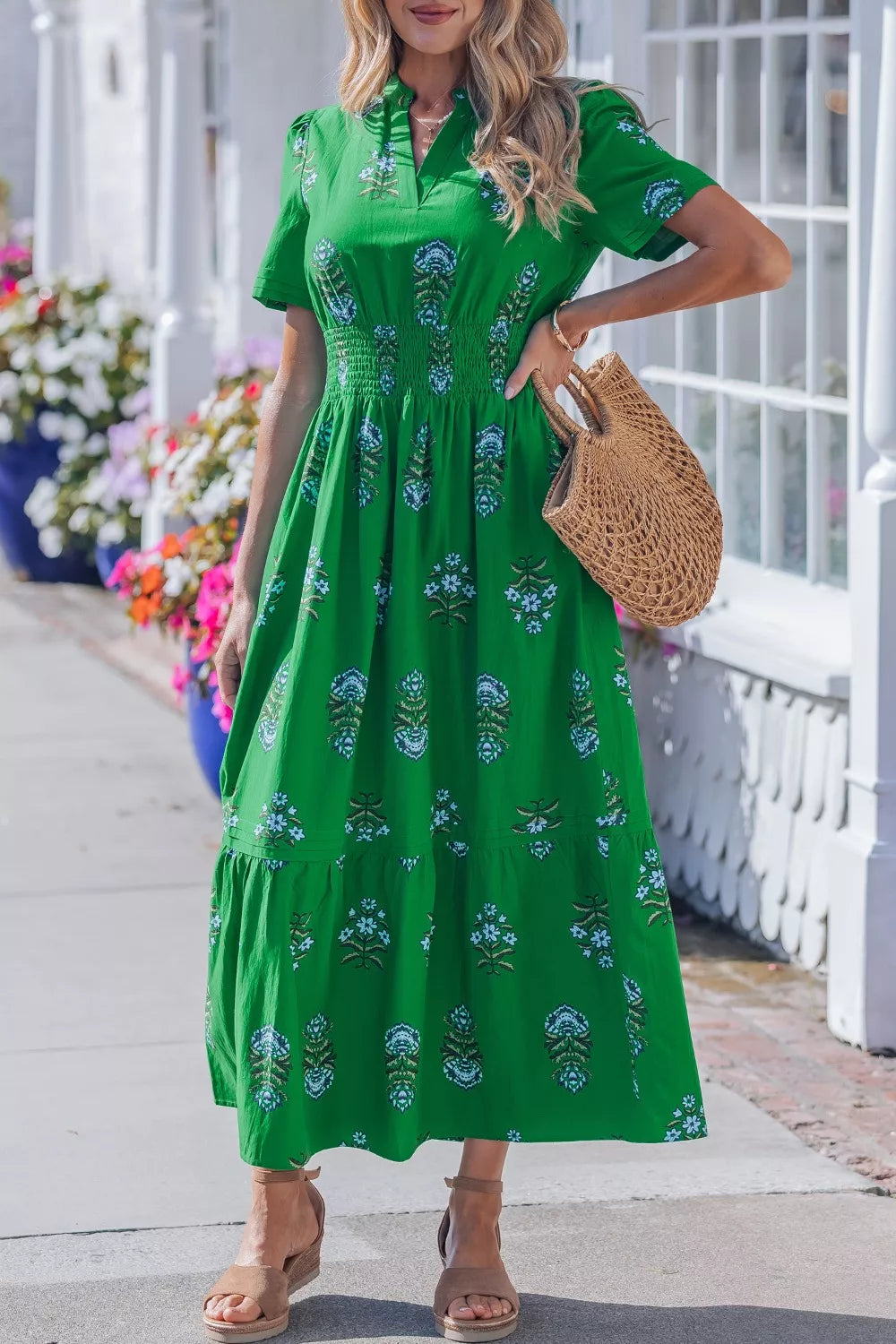 Floral Print Smocked Waist Maxi Dress
