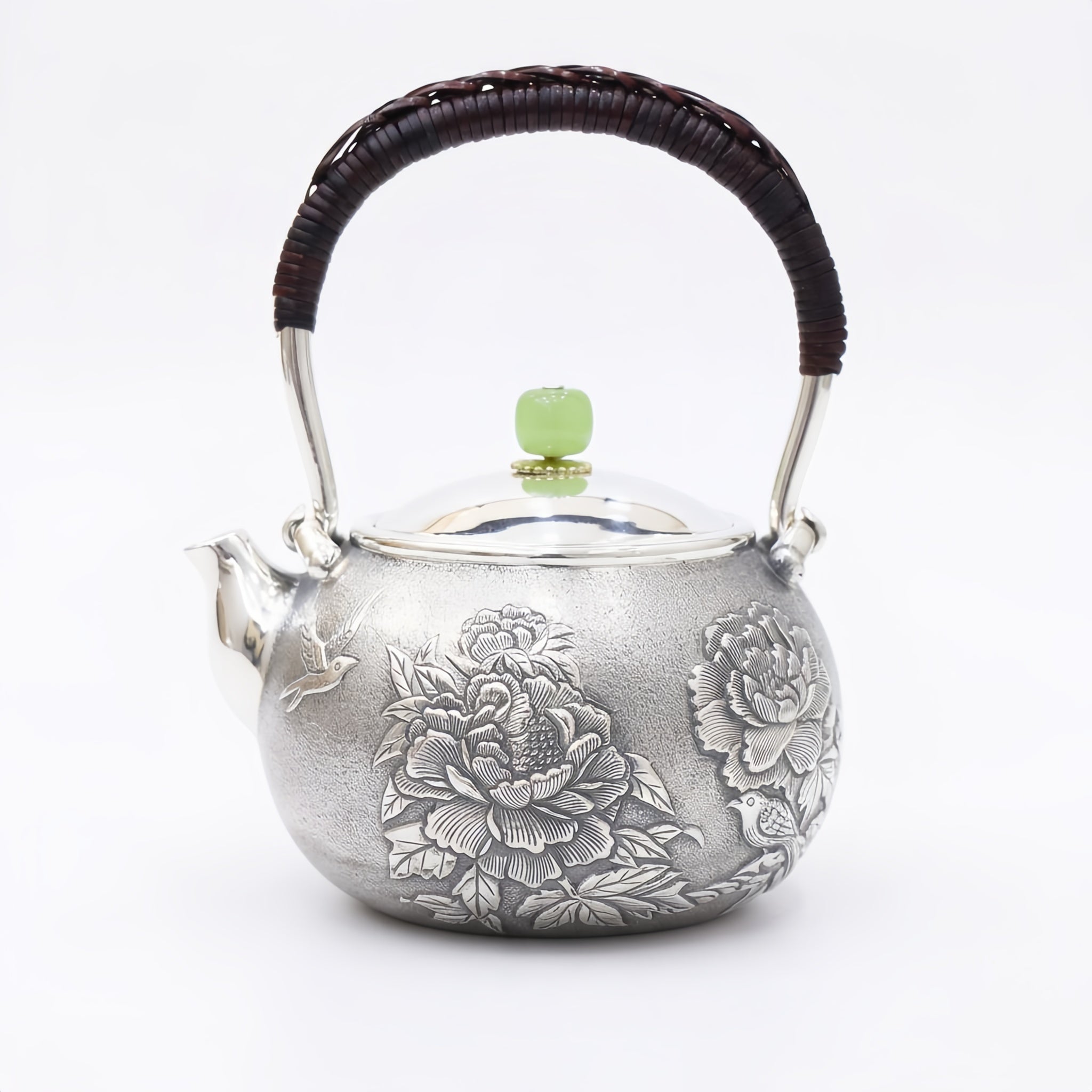Pure 999 Fine Silver Handcrafted Silver Teapot Featuring Intricate Peony Engravings and Green Jadeite Lid Knob - Handicraft