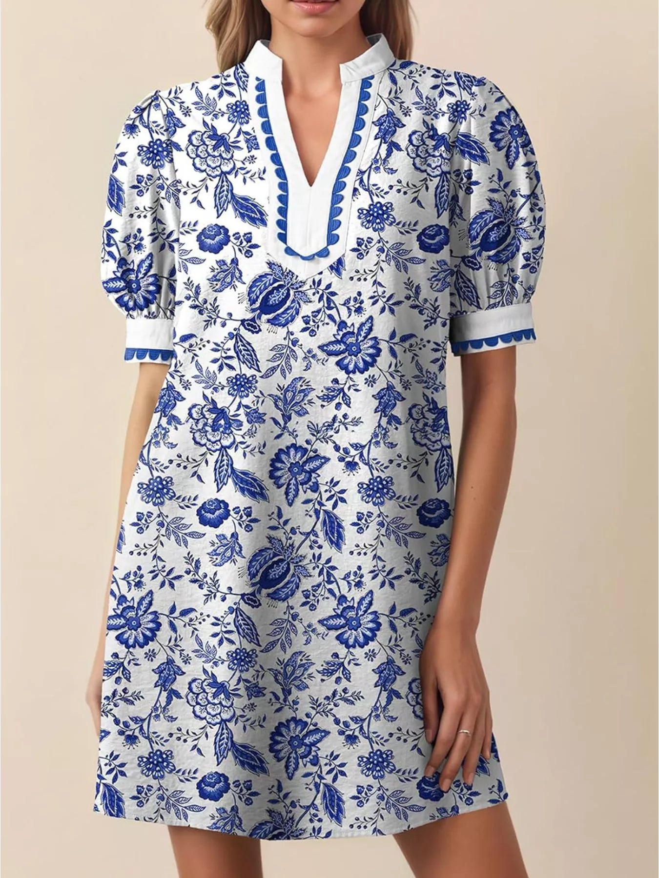 Notched Puff Sleeve Mini Dress